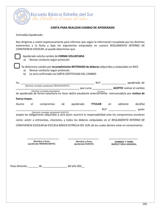 195
CARTA PARA REALIZAR CAMBIO DE APODERADO
Estimad(a) Apoderado:
Nos dirigimos a usted respetuosamente para informar que según la información recopilada por los distintos
estamentos a la fecha y bajo los argumentos estipulados en nuestro REGLAMENTO INTERNO DE
CONVIVENCIA ESCOLAR, se puede determinar que:
Apoderado solicita cambio de FORMA VOLUNTARIA
a) Revisar conducto según protocolo
Se determina cambio por incumplimiento REITERADO de deberes adquiridos y estipulados en RICE.
a) Revisar conducto según protocolo
b) Le será confirmado vía CARTA CERTIFICADA DEL CAMBIO
Yo, ___________________________________________________ RUT _________________ apoderado de
____________________________________________ que cursa ______________ ACEPTO realizar el cambio
de apoderado de forma voluntaria en favor del/la estudiante anteriormente mencionado/a por motivo de
fuerza mayor.
Asume el compromiso de apoderado TITULAR en adelante don(ña)
________________________________________________________ RUT ___________________ quien
acepta las obligaciones adquiridas y será quien asumirá la responsabilidad ante los compromisos escolares
como: asistir a entrevistas, citaciones, y todos los deberes estipulados en el REGLAMENTO INTERNO DE
CONVIVENCIA ESCOLAR de ESCUELA BÁSICA ESTRELLA DEL SUR, de los cuales declara estar en conocimiento.
______________________ _____________________ ____________________
Pozo Almonte, _______ de _________________ del año 202__
(Nombre completo apoderado RENUNCIANTE)
(Nombre completo estudiante) (Curso)
(Nombre completo apoderado NUEVO)
(Nombre y firma
apoderado RENUNCIANTE)
(Nombre y firma
apoderado NUEVO)
NOMBRE Y FIRMA
INSPECTOR/A GENERAL
 