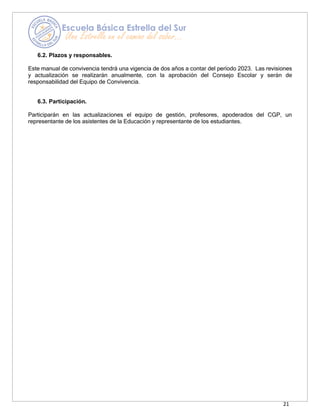 21
6.2. Plazos y responsables.
Este manual de convivencia tendrá una vigencia de dos años a contar del período 2023. Las revisiones
y actualización se realizarán anualmente, con la aprobación del Consejo Escolar y serán de
responsabilidad del Equipo de Convivencia.
6.3. Participación.
Participarán en las actualizaciones el equipo de gestión, profesores, apoderados del CGP, un
representante de los asistentes de la Educación y representante de los estudiantes.
 