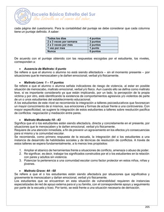 205
cada página del cuestionario. Para la contabilidad del puntaje se debe considerar que cada columna
tiene un puntaje definido. A saber:
Todos los días 4 puntos
2 a 3 veces por semana 3 puntos
2 a 3 veces por mes 2 puntos
1 vez por mes 1 punto
Nunca 0 puntos
De acuerdo con el puntaje obtenido con las respuestas escogidas por el estudiante, los niveles,
corresponden a:
• Ausencia de Maltrato: 0 punto
Se refiere a que el alumno o alumna no está siendo afectado/a – en el momento presente – por
situaciones que le menoscaben y le dañen emocional, verbal y/o físicamente.
• Maltrato Leve: 1 – 17 puntos
Se refiere a que el alumno o alumna señala indicadores de riesgo de violencia, al estar en posible
situación de menoscabo, maltrato emocional, verbal y/o físico. Aun cuando ello se defina como maltrato
leve, sí es importante considerarlo ya que están implicando, por un lado, la percepción de la propia
víctima y por otro, está identificando la existencia de comportamientos agresivos y/o violentos de parte
de un o unos estudiantes del establecimiento educacional.
A los estudiantes de este nivel se recomienda la integración a talleres psicoeducativos que favorezcan
un mayor conocimiento de sí mismos, sus emociones y formas de actuar frente a una controversia. Con
mayor especificidad, se sugiere la integración de estos estudiantes a talleres sobre resolución pacífica
de conflictos: negociación y mediación entre pares.
• Maltrato Moderado:18 - 43
Significa que el o los estudiantes están siendo afectado/a, directa y concretamente en el presente, por
situaciones que le menoscaben y le dañen emocional, verbal y/o físicamente.
Requiere de una atención inmediata, a fin de prevenir un agravamiento en los efectos y/o consecuencias
para sí mismo y la comunidad escolar.
Se recomienda, como primera respuesta de la escuela, la integración del o los estudiantes a una
instancia de desarrollo de habilidades sociales y de técnicas de resolución de conflictos. A través de
estos talleres se espera fundamentalmente, a lo menos tres propósitos:
1. Ampliar el abanico de herramientas frente a situaciones de conflicto, amenaza o abuso de poder.
2. Re significar, es decir, trabajar los significados construidos por el o los estudiantes en la relación
con pares y adultos sin violencia.
3. Potenciar la pertenencia a una comunidad escolar como factor protector en estos niños, niñas y
jóvenes.
• Maltrato Grave: 44 - 68
Se refiere a que el o los estudiantes están siendo afectado/a por situaciones que significativa y
gravemente le menoscaban y dañan emocional, verbal y/o físicamente.
Los estudiantes que se encuentran en esta situación de vulnerabilidad requieren de instancias
especializadas de red de apoyo externa para sí y su familia, con el correspondiente apoyo y seguimiento
por parte de la escuela y liceo. Por tanto, se está frente a una situación necesaria de derivación.
 