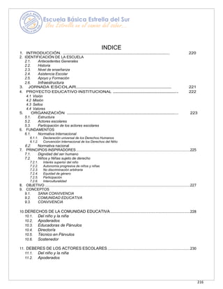 216
INDICE
1. INTRODUCCIÓN. ………………………………………………………………………………………. 220
2. IDENTIFICACIÓN DE LA ESCUELA
2.1. Antecedentes Generales
2.2. Historia
2.3. Nivel de enseñanza
2.4. Asistencia Escolar
2.5. Apoyo y Formación
2.6. Infraestructura
3. JORNADA ESCOLAR…………………………………………………………………………………… 221
4. PROYECTO EDUCATIVO INSTITUCIONAL ……………………………………………….. 222
4.1 Visión
4.2 Misión
4.3 Sellos
4.4 Valores
5. ORGANIZACIÓN ………………………………………………………………………………………….. 223
5.1. Estructura
5.2. Actores escolares
5.3. Participación de los actores escolares
6. FUNDAMENTOS
6.1. Normativa Internacional
6.1.1. Declaración universal de los Derechos Humanos
6.1.2. Convención Internacional de los Derechos del Niño
6.2. Normativa nacional
7. PRINCIPIOS INSPIRADORES ............................................................................................................................225
7.1. Dignidad del ser humano
7.2. Niños y Niñas sujeto de derecho
7.2.1. Interés superior del niño
7.2.2. Autonomía progresiva de niños y niñas
7.2.3. No discriminación arbitraria
7.2.4. Equidad de género
7.2.5. Participación
7.2.6. Interculturalidad
8. OBJETIVO ..............................................................................................................................................................227
9. CONCEPTOS
9.1. SANA CONVIVENCIA
9.2. COMUNIDAD EDUCATIVA
9.3. CONVIVENCIA
10.DERECHOS DE LA COMUNIDAD EDUCATIVA......................................................................228
10.1. Del niño y la niña
10.2. Apoderados
10.3. Educadoras de Párvulos
10.4. Director/a
10.5. Técnico en Párvulos
10.6. Sostenedor
11. DEBERES DE LOS ACTORES ESCOLARES ..................................................................................230
11.1. Del niño y la niña
11.2. Apoderados
 