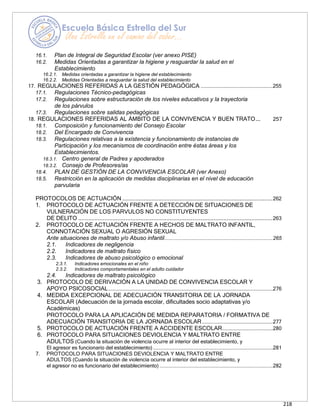 218
16.1. Plan de Integral de Seguridad Escolar (ver anexo PISE)
16.2. Medidas Orientadas a garantizar la higiene y resguardar la salud en el
Establecimiento
16.2.1. Medidas orientadas a garantizar la higiene del establecimiento
16.2.2. Medidas Orientadas a resguardar la salud del establecimiento
17. REGULACIONES REFERIDAS A LA GESTIÓN PEDAGÓGICA ..................................................255
17.1. Regulaciones Técnico-pedagógicas
17.2. Regulaciones sobre estructuración de los niveles educativos y la trayectoria
de los párvulos
17.3. Regulaciones sobre salidas pedagógicas
18. REGULACIONES REFERIDAS AL ÁMBITO DE LA CONVIVENCIA Y BUEN TRATO…. 257
18.1. Composición y funcionamiento del Consejo Escolar
18.2. Del Encargado de Convivencia
18.3. Regulaciones relativas a la existencia y funcionamiento de instancias de
Participación y los mecanismos de coordinación entre éstas áreas y los
Establecimientos.
18.3.1. Centro general de Padres y apoderados
18.3.2. Consejo de Profesores/as
18.4. PLAN DE GESTIÓN DE LA CONVIVENCIA ESCOLAR (ver Anexo)
18.5. Restricción en la aplicación de medidas disciplinarias en el nivel de educación
parvularia
PROTOCOLOS DE ACTUACIÓN ............................................................................................262
1. PROTOCOLO DE ACTUACIÓN FRENTE A DETECCIÓN DE SITUACIONES DE
VULNERACIÓN DE LOS PARVULOS NO CONSTITUYENTES
DE DELITO .......................................................................................................................263
2. PROTOCOLO DE ACTUACIÓN FRENTE A HECHOS DE MALTRATO INFANTIL,
CONNOTACIÓN SEXUAL O AGRESIÓN SEXUAL
Ante situaciones de maltrato y/o Abuso infantil...........................................................................265
2.1. Indicadores de negligencia
2.2. Indicadores de maltrato físico
2.3. Indicadores de abuso psicológico o emocional
2.3.1. Indicadores emocionales en el niño
2.3.2. Indicadores comportamentales en el adulto cuidador
2.4. Indicadores de maltrato psicológico
3. PROTOCOLO DE DERIVACIÓN A LA UNIDAD DE CONVIVENCIA ESCOLAR Y
APOYO PSICOSOCIAL..................................................................................................................276
4. MEDIDA EXCEPCIONAL DE ADECUACIÓN TRANSITORIA DE LA JORNADA
ESCOLAR (Adecuación de la jornada escolar, dificultades socio adaptativas y/o
Académicas)
PROTOCOLO PARA LA APLICACIÓN DE MEDIDA REPARATORIA / FORMATIVA DE
ADECUACIÓN TRANSITORIA DE LA JORNADA ESCOLAR.................................................277
5. PROTOCOLO DE ACTUACIÓN FRENTE A ACCIDENTE ESCOLAR...................................280
6. PROTOCOLO PARA SITUACIONES DEVIOLENCIA Y MALTRATO ENTRE
ADULTOS (Cuando la situación de violencia ocurre al interior del establecimiento, y
El agresor es funcionario del establecimiento)...................................................................................281
7. PROTOCOLO PARA SITUACIONES DEVIOLENCIA Y MALTRATO ENTRE
ADULTOS (Cuando la situación de violencia ocurre al interior del establecimiento, y
el agresor no es funcionario del establecimiento) ......................................................................................282
 