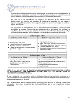 251
consulta al Comité de Seguridad Escolar, establecer el uso obligatorio del uniforme escolar. Se
deberá procurar que éste sea económico y no ostentoso de manera que no sea un impedimento
para que los niños, niñas y jóvenes puedan asistir a sus instituciones educativas.
En caso que el uso del uniforme sea obligatorio, los directores de los establecimientos
educacionales por razones de excepción y debidamente justificada por los padres o
apoderados, podrán eximir a los alumnos y alumnas por un determinado tiempo, del uso total o
parcial del uniforme.
En ningún caso, el incumplimiento del uso del uniforme escolar podrá ser sancionado con la
prohibición de ingresar o permanecer en el establecimiento educacional. Sin embargo, los
estudiantes deben presentarse y retirarse diariamente con uniforme institucional del colegio
completo y bien presentado (limpio, ordenado, correspondiendo a la talla del estudiante)
Uniforme para niñas
Uniforme Formal Oficial Uniforme Deportivo / Diario
• Buzo deportivo institucional
• Polera institucional c/ cuello de piqué
• Zapatillas deportivas color blanco
• Cabello peinado y tomado concollet color azul,
gris, blanco o negro.
• Buzo deportivo institucional
• Polera institucional deportiva(cuello redondo)
• Calzas azules deportivas / Short azul deportivo
• Zapatillas deportivas color blanco
• Cabello peinado y tomado con collet color azul,
gris, blanco o negro.
Uniforme para niños
Uniforme Formal Oficial Uniforme Deportivo / Diario
• Buzo deportivo institucional
• Polera institucional c/ cuello de piqué
• Zapatillas deportivas color blanco
• Cabello peinado
• Buzo deportivo institucional
• Polera institucional deportiva (cuello redondo)
• Short azul deportivo
• Zapatillas deportivas color blanco
• Cabello peinado
*NOTA: EL USO DEL UNIFORME OFICIAL FORMAL SERÁ UTILIZADO PARA CEREMONIAS O ACTOS DE
PARTICIPACIÓN INSTITUCIONAL, PREVIAMENTE SEÑALADOS Y/O PARA CADA DÍA LUNES SEGÚN SEA
INDICADO POR INSPECTORÍA GENERAL.
El uso inadecuado o el no uso del uniforme institucional como la presentación personal, no es
sancionado para educación parvularia, pero cuando ocurra debe ser informado por el/la apoderado/a a
la educadora para exponer la razón.
Los y las estudiantes pueden participar en las actividades del colegio sin su uniforme, debiendo ser
autorizados y como caso excepcional por motivos justificados por el padre, apoderado o adulto
responsable.
 