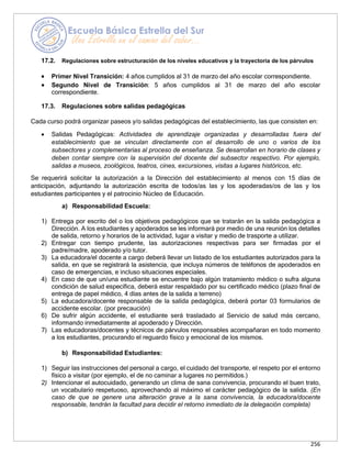 256
17.2. Regulaciones sobre estructuración de los niveles educativos y la trayectoria de los párvulos
• Primer Nivel Transición: 4 años cumplidos al 31 de marzo del año escolar correspondiente.
• Segundo Nivel de Transición: 5 años cumplidos al 31 de marzo del año escolar
correspondiente.
17.3. Regulaciones sobre salidas pedagógicas
Cada curso podrá organizar paseos y/o salidas pedagógicas del establecimiento, las que consisten en:
• Salidas Pedagógicas: Actividades de aprendizaje organizadas y desarrolladas fuera del
establecimiento que se vinculan directamente con el desarrollo de uno o varios de los
subsectores y complementarias al proceso de enseñanza. Se desarrollan en horario de clases y
deben contar siempre con la supervisión del docente del subsector respectivo. Por ejemplo,
salidas a museos, zoológicos, teatros, cines, excursiones, visitas a lugares históricos, etc.
Se requerirá solicitar la autorización a la Dirección del establecimiento al menos con 15 días de
anticipación, adjuntando la autorización escrita de todos/as las y los apoderadas/os de las y los
estudiantes participantes y el patrocinio Núcleo de Educación.
a) Responsabilidad Escuela:
1) Entrega por escrito del o los objetivos pedagógicos que se tratarán en la salida pedagógica a
Dirección. A los estudiantes y apoderados se les informará por medio de una reunión los detalles
de salida, retorno y horarios de la actividad, lugar a visitar y medio de trasporte a utilizar.
2) Entregar con tiempo prudente, las autorizaciones respectivas para ser firmadas por el
padre/madre, apoderado y/o tutor.
3) La educadora/el docente a cargo deberá llevar un listado de los estudiantes autorizados para la
salida, en que se registrará la asistencia, que incluya números de teléfonos de apoderados en
caso de emergencias, e incluso situaciones especiales.
4) En caso de que un/una estudiante se encuentre bajo algún tratamiento médico o sufra alguna
condición de salud específica, deberá estar respaldado por su certificado médico (plazo final de
entrega de papel médico, 4 días antes de la salida a terreno)
5) La educadora/docente responsable de la salida pedagógica, deberá portar 03 formularios de
accidente escolar. (por precaución)
6) De sufrir algún accidente, el estudiante será trasladado al Servicio de salud más cercano,
informando inmediatamente al apoderado y Dirección.
7) Las educadoras/docentes y técnicos de párvulos responsables acompañaran en todo momento
a los estudiantes, procurando el reguardo físico y emocional de los mismos.
b) Responsabilidad Estudiantes:
1) Seguir las instrucciones del personal a cargo, el cuidado del transporte, el respeto por el entorno
físico a visitar (por ejemplo, el de no caminar a lugares no permitidos.)
2) Intencionar el autocuidado, generando un clima de sana convivencia, procurando el buen trato,
un vocabulario respetuoso, aprovechando al máximo el carácter pedagógico de la salida. (En
caso de que se genere una alteración grave a la sana convivencia, la educadora/docente
responsable, tendrán la facultad para decidir el retorno inmediato de la delegación completa)
 