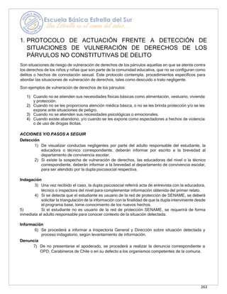 263
1. PROTOCOLO DE ACTUACIÓN FRENTE A DETECCIÓN DE
SITUACIONES DE VULNERACIÓN DE DERECHOS DE LOS
PÁRVULOS NO CONSTITUTIVAS DE DELITO
Son situaciones de riesgo de vulneración de derechos de los párvulos aquellas en que se atenta contra
los derechos de los niños y niñas que son parte de la comunidad educativa, que no se configuran como
delitos o hechos de connotación sexual. Este protocolo contempla, procedimientos específicos para
abordar las situaciones de vulneración de derechos, tales como descuido o trato negligente.
Son ejemplos de vulneración de derechos de los párvulos:
1) Cuando no se atienden sus necesidades físicas básicas como alimentación, vestuario, vivienda
y protección.
2) Cuando no se les proporciona atención médica básica, o no se les brinda protección y/o se les
expone ante situaciones de peligro.
3) Cuando no se atienden sus necesidades psicológicas o emocionales.
4) Cuando existe abandono, y/o cuando se les expone como espectadores a hechos de violencia
o de uso de drogas ilícitas.
ACCIONES Y/O PASOS A SEGUIR
Detección
1) De visualizar conductas negligentes por parte del adulto responsable del estudiante, la
educadora o técnico correspondiente, deberán informar por escrito a la brevedad al
departamento de convivencia escolar.
2) Si existe la sospecha de vulneración de derechos, las educadoras del nivel o la técnico
correspondiente, deberán informar a la brevedad al departamento de convivencia escolar,
para ser atendido por la dupla psicosocial respectiva.
Indagación
3) Una vez recibido el caso, la dupla psicosocial referirá acta de entrevista con la educadora,
técnico o inspectora del nivel para complementar información obtenida del primer relato.
4) Si se detecta que el estudiante es usuario de la red de protección de SENAME, se deberá
solicitar la triangulación de la información con la finalidad de que la dupla interviniente desde
el programa base, tome conocimiento de los nuevos hechos.
5) Si el estudiante no es usuario de la red de protección SENAME, se requerirá de forma
inmediata al adulto responsable para conocer contexto de la situación detectada.
Información
6) Se procederá a informar a Inspectoría General y Dirección sobre situación detectada y
proceso indagatorio, según levantamiento de información.
Denuncia
7) De no presentarse el apoderado, se procederá a realizar la denuncia correspondiente a
OPD, Carabineros de Chile o en su defecto a los organismos competentes de la comuna.
 