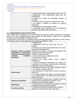 267
• Despreocupación por enfermedades del hijo sin dar
cumplimiento a las indicaciones dadas por los
especialistas.
• Adultos con exceso de actividades sociales o
laborales.
• Conductas de compensación material hacia el hijo.
• Se delega el cuidado en terceros con dudosa
capacidad.
• Permisividad en el ausentismo escolar.
• Aislamiento social progresivo con la consiguiente
reducción del espacio vital y red social.
24.2. INDICADORES DE MALTRATO FÍSICO
Todo maltrato físico comprende un acto no accidental que provoca un daño o situación de sufrimiento
para un niño, niña o adolescente. En este contexto se debe atender a algunos de los siguientes
indicadores, según el MINSAL y MINEDUC (2013).
A continuación, se describen los indicadores físicos más frecuentemente observados en niños, niñas o
adolescentes que han sufrido algún tipo de maltrato físico (MINSAL, 2013).
Lesiones cutáneo- mucosas
(hematomas y contusiones,
equimosis, heridas incisas o
contusas, erosiones,
pinchazos)
• Magulladuras.
• Moretones en forma de mano, palo, marca de
apretón.
• Contusión en el cuello que pueden tener como causa
intento de estrangulamiento.
•Moretones en tobillos y muñecas que pudieran dar
cuenta de haber estado amarrado.
•Pérdida de piezas dentales.
• Cortes o pinchazos de objetos punzantes.
• Hemorragias oculares.
•Fracturas en huesos largos, cráneo, costillas,
vertebras, etc.
• Lesiones viscerales expresadas por medio de
síntomas como: hinchazón, dolor abdominal, dificultad
respiratoria, vómitos, hemorragias.
Quemaduras
• De cigarros en manos, pies, brazos, piernas o cuello.
• Con líquidos u objetos calientes.
• Que reproducen el objeto que las provocó: plancha,
fierros, etc.
• En lugares donde no se espera que exista contacto
con un objeto caliente, por ejemplo, planta de los pies,
dorso de la mano.
Alopecias traumáticas
• Se entenderá en estos casos, aquellas zonas con
presencia de arrancamiento de cabello, que no
respondan a una condición médica.
Mordeduras
• Estas pueden ser un indicador de sospecha en tanto
reproducen la arcada dentaria humana.
Lesiones oculares
• Este tipo de lesiones producidas por el impacto
directo en la zona del ojo y que, entre otras
 