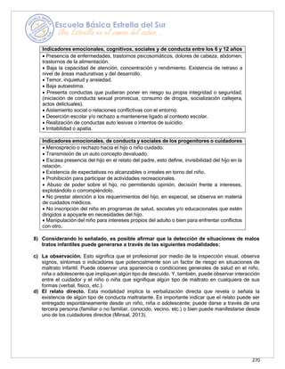 270
Indicadores emocionales, cognitivos, sociales y de conducta entre los 6 y 12 años
• Presencia de enfermedades, trastornos psicosomáticos, dolores de cabeza, abdomen,
trastornos de la alimentación.
• Baja la capacidad de atención, concentración y rendimiento. Existencia de retraso a
nivel de áreas madurativas y del desarrollo.
• Temor, inquietud y ansiedad.
• Baja autoestima.
• Presenta conductas que pudieran poner en riesgo su propia integridad o seguridad.
(iniciación de conducta sexual promiscua, consumo de drogas, socialización callejera,
actos delictuales).
• Aislamiento social o relaciones conflictivas con el entorno.
• Deserción escolar y/o rechazo a mantenerse ligado al contexto escolar.
• Realización de conductas auto lesivas o intentos de suicidio.
• Irritabilidad o apatía.
Indicadores emocionales, de conducta y sociales de los progenitores o cuidadores
• Menosprecio o rechazo hacia el hijo o niño cuidado.
• Transmisión de un auto concepto devaluado.
• Escasa presencia del hijo en el relato del padre, esto define, invisibilidad del hijo en la
relación.
• Existencia de expectativas no alcanzables o irreales en torno del niño.
• Prohibición para participar de actividades recreacionales.
• Abuso de poder sobre el hijo, no permitiendo opinión, decisión frente a intereses,
explotándolo o corrompiéndolo.
• No prestar atención a los requerimientos del hijo, en especial, se observa en materia
de cuidados médicos.
• No inscripción del niño en programas de salud, sociales y/o educacionales que estén
dirigidos a apoyarle en necesidades del hijo.
• Manipulación del niño para intereses propios del adulto o bien para enfrentar conflictos
con otro.
8) Considerando lo señalado, es posible afirmar que la detección de situaciones de malos
tratos infantiles puede generarse a través de las siguientes modalidades:
c) La observación. Esto significa que el profesional por medio de la inspección visual, observa
signos, síntomas o indicadores que potencialmente son un factor de riesgo en situaciones de
maltrato infantil. Puede observar una apariencia o condiciones generales de salud en el niño,
niña o adolescente que impliquen algún tipo de descuido. Y, también, puede observar interacción
entre el cuidador y el niño o niña que signifique algún tipo de maltrato en cualquiera de sus
formas (verbal, físico, etc.).
d) El relato directo. Esta modalidad implica la verbalización directa que revela o señala la
existencia de algún tipo de conducta maltratante. Es importante indicar que el relato puede ser
entregado espontáneamente desde un niño, niña o adolescente; puede darse a través de una
tercera persona (familiar o no familiar, conocido, vecino, etc.) o bien puede manifestarse desde
uno de los cuidadores directos (Minsal, 2013).
 