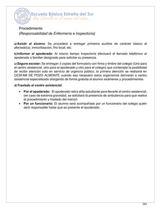 281
Procedimiento
(Responsabilidad de Enfermería e Inspectoría)
a)Asistir al alumno: Se procederá a entregar primeros auxilios de carácter básico al
afectado(a), inmovilización, frío local, etc.
b)Informar al apoderado: Al mismo tiempo Inspectoría efectuará el llamado telefónico al
apoderado o familiar designado para solicitar su presencia.
c)Seguro escolar: Se entregan 3 copias del formulario con firma y timbre del colegio (Uno para
el centro asistencial, otro para el apoderado y otro para el colegio) que contempla la posibilidad
de recibir atención solo en servicio de urgencia público, la primera atención se realizará en
CESFAM DE POZO ALMONTE cuando sea necesario estos organismos derivarán a centro
asistencial especializado otorgando de forma gratuita al alumno exámenes y procedimientos.
d)Traslado al centro asistencial:
• Por el apoderado: El apoderado retira al/la estudiante para llevarle al centro asistencial,
(en caso de extrema gravedad, se solicitará la presencia de ambulancia para que realice
el procedimiento y traslado del menor)
• Por un funcionario: El alumno será acompañado por un funcionario del colegio quién
será responsable hasta que se presente el apoderado.
 