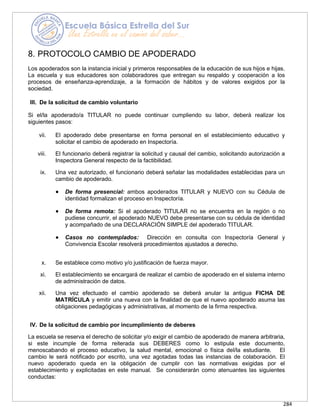 284
8. PROTOCOLO CAMBIO DE APODERADO
Los apoderados son la instancia inicial y primeros responsables de la educación de sus hijos e hijas.
La escuela y sus educadores son colaboradores que entregan su respaldo y cooperación a los
procesos de enseñanza-aprendizaje, a la formación de hábitos y de valores exigidos por la
sociedad.
III. De la solicitud de cambio voluntario
Si el/la apoderado/a TITULAR no puede continuar cumpliendo su labor, deberá realizar los
siguientes pasos:
vii. El apoderado debe presentarse en forma personal en el establecimiento educativo y
solicitar el cambio de apoderado en Inspectoría.
viii. El funcionario deberá registrar la solicitud y causal del cambio, solicitando autorización a
Inspectora General respecto de la factibilidad.
ix. Una vez autorizado, el funcionario deberá señalar las modalidades establecidas para un
cambio de apoderado.
• De forma presencial: ambos apoderados TITULAR y NUEVO con su Cédula de
identidad formalizan el proceso en Inspectoría.
• De forma remota: Si el apoderado TITULAR no se encuentra en la región o no
pudiese concurrir, el apoderado NUEVO debe presentarse con su cédula de identidad
y acompañado de una DECLARACIÓN SIMPLE del apoderado TITULAR.
• Casos no contemplados: Dirección en consulta con Inspectoría General y
Convivencia Escolar resolverá procedimientos ajustados a derecho.
x. Se establece como motivo y/o justificación de fuerza mayor.
xi. El establecimiento se encargará de realizar el cambio de apoderado en el sistema interno
de administración de datos.
xii. Una vez efectuado el cambio apoderado se deberá anular la antigua FICHA DE
MATRÍCULA y emitir una nueva con la finalidad de que el nuevo apoderado asuma las
obligaciones pedagógicas y administrativas, al momento de la firma respectiva.
IV. De la solicitud de cambio por incumplimiento de deberes
La escuela se reserva el derecho de solicitar y/o exigir el cambio de apoderado de manera arbitraria,
si este incumple de forma reiterada sus DEBERES como lo estipula este documento,
menoscabando el proceso educativo, la salud mental, emocional o física del/la estudiante. El
cambio le será notificado por escrito, una vez agotadas todas las instancias de colaboración. El
nuevo apoderado queda en la obligación de cumplir con las normativas exigidas por el
establecimiento y explicitadas en este manual. Se considerarán como atenuantes las siguientes
conductas:
 