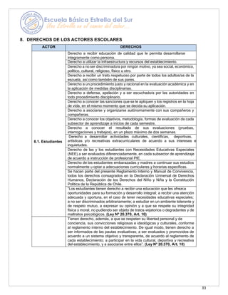 33
8. DERECHOS DE LOS ACTORES ESCOLARES
ACTOR DERECHOS
8.1. Estudiantes
Derecho a recibir educación de calidad que le permita desarrollarse
íntegramente como persona.
Derecho a utilizar la infraestructura y recursos del establecimiento.
Derecho a no ser discriminado/a por ningún motivo, ya sea social, económico,
político, cultural, religioso, físico u otro.
Derecho a recibir un trato respetuoso por parte de todos los adultos/as de la
escuela, así como también de sus pares.
Derecho a un procedimiento justo y racional en la evaluación académica y en
la aplicación de medidas disciplinarias.
Derecho a defensa, apelación y a ser escuchado/a por las autoridades en
todo procedimiento disciplinario.
Derecho a conocer las sanciones que se le apliquen y los registros en la hoja
de vida, en el mismo momento que se decida su aplicación.
Derecho a asociarse y organizarse autónomamente con sus compañeros y
compañeras.
Derecho a conocer los objetivos, metodología, formas de evaluación de cada
subsector de aprendizaje a inicios de cada semestre.
Derecho a conocer el resultado de sus evaluaciones (pruebas,
interrogaciones y trabajos), en un plazo máximo de dos semanas.
Derecho a desarrollar actividades culturales, científicas, deportivas,
artísticas y/o recreativas extracurriculares de acuerdo a sus intereses e
inquietudes.
Derecho de las y los estudiantes con Necesidades Educativas Especiales
(NEE) a ser evaluados diferenciadamente, en cada subsector de aprendizaje
de acuerdo a instrucción de profesional PIE.
Derecho de las estudiantes embarazadas y madres a continuar sus estudios
normalmente u optar a adecuaciones curriculares y horarias específicas.
Se hacen parte del presente Reglamento Interno y Manual de Convivencia,
todos los derechos consagrados en la Declaración Universal de Derechos
Humanos, Declaración de los Derechos del Niño y Niña y la Constitución
Política de la República de Chile.
“Los estudiantes tienen derecho a recibir una educación que les ofrezca
oportunidades para su formación y desarrollo integral; a recibir una atención
adecuada y oportuna, en el caso de tener necesidades educativas especiales;
a no ser discriminados arbitrariamente; a estudiar en un ambiente tolerante y
de respeto mutuo, a expresar su opinión y a que se respete su integridad
física y moral, no pudiendo ser objeto de tratos vejatorios o degradantes y de
maltratos psicológicos. (Ley Nº 20.370, Art. 10)
Tienen derecho, además, a que se respeten su libertad personal y de
conciencia, sus convicciones religiosas e ideológicas y culturales, conforme
al reglamento interno del establecimiento. De igual modo, tienen derecho a
ser informados de las pautas evaluativas; a ser evaluados y promovidos de
acuerdo a un sistema objetivo y transparente, de acuerdo al reglamento de
cada establecimiento; a participar en la vida cultural, deportiva y recreativa
del establecimiento, y a asociarse entre ellos”. (Ley Nº 20.370, Art. 10)
 