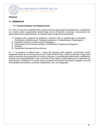 38
TITULO II
11. NORMATIVA
11.1 Conducto Regular del Establecimiento
Art. 10 En caso de que el establecimiento requiera informar algún aspecto importante del o la estudiante,
o su madre, padre o apoderado/a necesite algún tipo de orientación, entrevista o conversación con
alguna persona del establecimiento, se realizará según el siguiente procedimiento:
1) Profesor/a jefe, profesor/a de asignatura, profesor/a PIE y/o profesionales no docentes
(Psicólogo/a, Asistente social, Terapeuta ocupacional, Fonoaudióloga/o, Kinesiólogo/a).
2) Inspector/a General o Unidad Técnico Pedagógica.
3) Coordinador/a de Convivencia escolar o Coordinador/a Programa de Integración
4) Dirección.
5) Corporación Municipal de Pozo Almonte
Art. 11 La solicitud se deberá hacer a través del profesor/a jefe mediante comunicación escrita
empleando libreta de comunicaciones y/u otro medio de forma física. Existen protocolos a seguir para
cada circunstancia que se presente, en la que se requiera un procedimiento determinado y establecido,
en base a las responsabilidades, roles y funciones de los cargos comprometidos para la resolución de
cada situación, conflictiva o no, dando curso a su gestión de la forma más idónea y expedita, sea esta
de naturaleza administrativa, curricular, disciplinaria u otra. (ver flujograma)
 