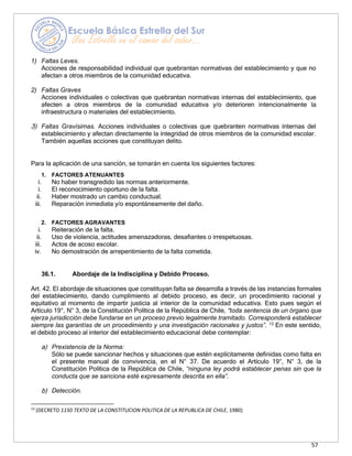 57
1) Faltas Leves.
Acciones de responsabilidad individual que quebrantan normativas del establecimiento y que no
afectan a otros miembros de la comunidad educativa.
2) Faltas Graves
Acciones individuales o colectivas que quebrantan normativas internas del establecimiento, que
afecten a otros miembros de la comunidad educativa y/o deterioren intencionalmente la
infraestructura o materiales del establecimiento.
3) Faltas Gravísimas. Acciones individuales o colectivas que quebranten normativas internas del
establecimiento y afectan directamente la integridad de otros miembros de la comunidad escolar.
También aquellas acciones que constituyan delito.
Para la aplicación de una sanción, se tomarán en cuenta los siguientes factores:
1. FACTORES ATENUANTES
i. No haber transgredido las normas anteriormente.
i. El reconocimiento oportuno de la falta.
ii. Haber mostrado un cambio conductual.
iii. Reparación inmediata y/o espontáneamente del daño.
2. FACTORES AGRAVANTES
i. Reiteración de la falta.
ii. Uso de violencia, actitudes amenazadoras, desafiantes o irrespetuosas.
iii. Actos de acoso escolar.
iv. No demostración de arrepentimiento de la falta cometida.
36.1. Abordaje de la Indisciplina y Debido Proceso.
Art. 42. El abordaje de situaciones que constituyan falta se desarrolla a través de las instancias formales
del establecimiento, dando cumplimiento al debido proceso, es decir, un procedimiento racional y
equitativo al momento de impartir justicia al interior de la comunidad educativa. Esto pues según el
Artículo 19°, N° 3, de la Constitución Política de la República de Chile, “toda sentencia de un órgano que
ejerza jurisdicción debe fundarse en un proceso previo legalmente tramitado. Corresponderá establecer
siempre las garantías de un procedimiento y una investigación racionales y justos”. 13
En este sentido,
el debido proceso al interior del establecimiento educacional debe contemplar:
a) Prexistencia de la Norma:
Sólo se puede sancionar hechos y situaciones que estén explícitamente definidas como falta en
el presente manual de convivencia, en el N° 37. De acuerdo el Artículo 19°, N° 3, de la
Constitución Política de la República de Chile, “ninguna ley podrá establecer penas sin que la
conducta que se sanciona esté expresamente descrita en ella”.
b) Detección.
13
(DECRETO 1150 TEXTO DE LA CONSTITUCION POLITICA DE LA REPUBLICA DE CHILE, 1980)
 