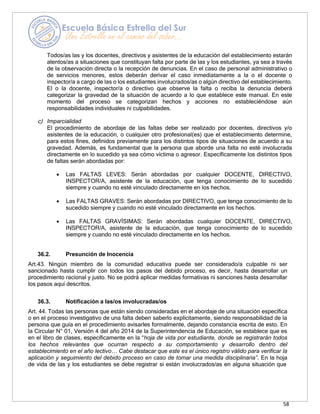 58
Todos/as las y los docentes, directivos y asistentes de la educación del establecimiento estarán
atentos/as a situaciones que constituyan falta por parte de las y los estudiantes, ya sea a través
de la observación directa o la recepción de denuncias. En el caso de personal administrativo o
de servicios menores, estos deberán derivar el caso inmediatamente a la o el docente o
inspector/a a cargo de las o los estudiantes involucrados/as o algún directivo del establecimiento.
El o la docente, inspector/a o directivo que observe la falta o reciba la denuncia deberá
categorizar la gravedad de la situación de acuerdo a lo que establece este manual. En este
momento del proceso se categorizan hechos y acciones no estableciéndose aún
responsabilidades individuales ni culpabilidades.
c) Imparcialidad
El procedimiento de abordaje de las faltas debe ser realizado por docentes, directivos y/o
asistentes de la educación, o cualquier otro profesional(es) que el establecimiento determine,
para estos fines, definidos previamente para los distintos tipos de situaciones de acuerdo a su
gravedad. Además, es fundamental que la persona que aborde una falta no esté involucrada
directamente en lo sucedido ya sea cómo víctima o agresor. Específicamente los distintos tipos
de faltas serán abordadas por:
• Las FALTAS LEVES: Serán abordadas por cualquier DOCENTE, DIRECTIVO,
INSPECTOR/A, asistente de la educación, que tenga conocimiento de lo sucedido
siempre y cuando no esté vinculado directamente en los hechos.
• Las FALTAS GRAVES: Serán abordadas por DIRECTIVO, que tenga conocimiento de lo
sucedido siempre y cuando no esté vinculado directamente en los hechos.
• Las FALTAS GRAVÍSIMAS: Serán abordadas cualquier DOCENTE, DIRECTIVO,
INSPECTOR/A, asistente de la educación, que tenga conocimiento de lo sucedido
siempre y cuando no esté vinculado directamente en los hechos.
36.2. Presunción de Inocencia
Art.43. Ningún miembro de la comunidad educativa puede ser considerado/a culpable ni ser
sancionado hasta cumplir con todos los pasos del debido proceso, es decir, hasta desarrollar un
procedimiento racional y justo. No se podrá aplicar medidas formativas ni sanciones hasta desarrollar
los pasos aquí descritos.
36.3. Notificación a las/os involucradas/os
Art. 44. Todas las personas que están siendo consideradas en el abordaje de una situación específica
o en el proceso investigativo de una falta deben saberlo explícitamente, siendo responsabilidad de la
persona que guía en el procedimiento avisarles formalmente, dejando constancia escrita de esto. En
la Circular N° 01, Versión 4 del año 2014 de la Superintendencia de Educación, se establece que es
en el libro de clases, específicamente en la “hoja de vida por estudiante, donde se registrarán todos
los hechos relevantes que ocurran respecto a su comportamiento y desarrollo dentro del
establecimiento en el año lectivo… Cabe destacar que este es el único registro válido para verificar la
aplicación y seguimiento del debido proceso en caso de tomar una medida disciplinaria”. En la hoja
de vida de las y los estudiantes se debe registrar si están involucrados/as en alguna situación que
 