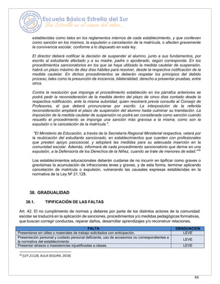 66
establecidas como tales en los reglamentos internos de cada establecimiento, y que conlleven
como sanción en los mismos, la expulsión o cancelación de la matrícula, o afecten gravemente
la convivencia escolar, conforme a lo dispuesto en esta ley.
El director deberá notificar la decisión de suspender al alumno, junto a sus fundamentos, por
escrito al estudiante afectado y a su madre, padre o apoderado, según corresponda. En los
procedimientos sancionatorios en los que se haya utilizado la medida cautelar de suspensión,
habrá un plazo máximo de diez días hábiles para resolver, desde la respectiva notificación de la
medida cautelar. En dichos procedimientos se deberán respetar los principios del debido
proceso, tales como la presunción de inocencia, bilateralidad, derecho a presentar pruebas, entre
otros.
Contra la resolución que imponga el procedimiento establecido en los párrafos anteriores se
podrá pedir la reconsideración de la medida dentro del plazo de cinco días contado desde la
respectiva notificación, ante la misma autoridad, quien resolverá previa consulta al Consejo de
Profesores, el que deberá pronunciarse por escrito. La interposición de la referida
reconsideración ampliará el plazo de suspensión del alumno hasta culminar su tramitación. La
imposición de la medida cautelar de suspensión no podrá ser considerada como sanción cuando
resuelto el procedimiento se imponga una sanción más gravosa a la misma, como son la
expulsión o la cancelación de la matrícula.".
"El Ministerio de Educación, a través de la Secretaría Regional Ministerial respectiva, velará por
la reubicación del estudiante sancionado, en establecimientos que cuenten con profesionales
que presten apoyo psicosocial, y adoptará las medidas para su adecuada inserción en la
comunidad escolar. Además, informará de cada procedimiento sancionatorio que derive en una
expulsión, a la Defensoría de los Derechos de la Niñez, cuando se trate de menores de edad."18
Los establecimientos educacionales deberán cuidarse de no incurrir en tipificar como graves o
gravísimas la acumulación de infracciones leves y graves, y de esta forma, terminar aplicando
cancelación de matrícula o expulsión, vulnerando las causales expresas establecidas en la
normativa de la Ley Nº 21.128.
38. GRADUALIDAD
38.1. TIPIFICACIÓN DE LAS FALTAS
Art. 42. El no cumplimiento de normas y deberes por parte de los distintos actores de la comunidad
escolar se traducirá en la aplicación de sanciones, procedimientos y/o medidas pedagógicas formativas,
que buscan corregir conductas, reparar daños, desarrollar aprendizajes y/o reconstruir relaciones.
FALTA GRADUACION
Presentarse sin útiles o materiales de trabajo solicitados con anticipación. LEVE
Presentación personal y cuidado personal deficiente, uso de accesorios no correspondientes a
la normativa del establecimiento
LEVE
Presentar atrasos o inasistencias injustificadas a clases. LEVE
18
(LEY 21128, AULA SEGURA, 2018)
 