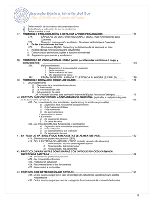 8
1) De la creación de las cuentas de correo electrónico
2) De la difusión y activación de correo electrónico
3) De los horarios y usos
37. PROTOCOLO PARA EDUCACION A DISTANCIA APOYOS PEDAGÓGICOS)................................................. 171
37.1. CÁPSULAS DE VIDEO INSTRUCCIONAL / EDUCATIVO (Orientaciones para
Docentes
37.2. Streaming (retransmisión en directo – Convivencia Digital para Docentes)
I. De las transmisiones en línea
37.3. Convivencia Digital – Conexión y participación de las sesiones en línea
I. Reglas básicas (orientaciones para estudiantes)
II. Conductas NO permitidas (sujetas a acciones formativas)
III. Sugerencias para padres y apoderados
38. PROTOCOLO DE VINCULACIÓN AL HOGAR (válido para llamadas telefónicas el hogar y
derivaciones) …………………………………………………………………………………………………….. 175
38.1. Del procedimiento
1) Diagnóstico de la necesidad de vinculación
2) De la vinculación
3) De la evaluación del caso
4) Del seguimiento de casos
38.2. PAUTA SUGERIDA LLAMADA TELEFÓNICA AL HOGAR (EJEMPLO)…………… 176
39. PROTOCOLO DERIVACIÓN REMOTA DE CASOS…………………………………………………………. 178
1. Del procedimiento
1) Diagnóstico de la necesidad de vinculación
2) De la vinculación
3) De la evaluación del caso
4) Del seguimiento de casos
39.1 Ficha del docente para derivación interna del Equipo Psicosocial (ejemplo)……… 179
40. PROTOCOLO DE CONTENCIÓN- ACOMPAÑAMIENTO EMOCIONAL (aplicable a cualquier integrante
de la Comunidad educativa) ……………………………………………………………………………………… 180
40.1. Del procedimiento para estudiantes, apoderados y /o adultos responsables
a) Diagnóstico de la necesidad de acompañamiento
b) De la Evaluación del Caso
c) De la notificación
d) Del acompañamiento
• Apoderados y/o adultos
• Estudiantes
e) Del seguimiento de casos
f) Del cierre de casos
40.2. Del procedimiento para funcionarios y funcionarias
a) Diagnóstico de la necesidad de acompañamiento
b) De la notificación
c) Del acompañamiento y la evaluación
d) Del seguimiento del caso.
41. ENTREGA DE MATERIAL FÍSICO Y/O CANASTAS DE ALIMENTOS (PAE)….................................................... 182
41.1. Elementos de protección personal (EEP)
41.2. DE LA ENTREGA DE MATERIAL FÍSICO (incluido canastas de alimentos)
I. Relacionado a la zona de entrega/recepción
II. Relacionado a los funcionarios
III. Relacionado a los asistentes
42. PROTOCOLO PARA VISITAS DOMICILIARIAS CON ENFOQUE PSICOEDUCATIVO EN
EMERGENCIA SANITARIA .................................................................................................................................184
42.1. Elementos de protección personal
42.2. Del proceso de entrevista
42.3. Protocolo de actuación
42.4. Recomendaciones a los funcionarios
42.5. Relacionado a las familias
43. PROTOCOLO DE DETECCIÓN CASOS COVID-19 ...........................................................................................190
43.1. De los pasos a seguir en el caso de contagio de estudiantes, apoderados y/o adultos
responsables
43.2. De los pasos a seguir en caso de contagio de funcionarios de la comunidad educativa
 