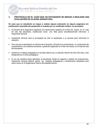 88
3. PROTOCOLO EN EL CASO QUE UN ESTUDIANTE SE NIEGUE A REALIZAR UNA
EVALUACIÓN EN ALGUNA ASIGNATURA
En caso que un estudiante se niegue a realizar alguna evaluación en alguna asignatura sin
justificación razonable del apoderado ni avalado por un certificado médico, se procederá:
• El docente de la asignatura registrará una observación negativa en el libro de clases en la hoja
de vida del estudiante, clasificando como una falta grave simultáneamente informará a
Inspectoría General.
• Inspectoría General será la encargada de citar al apoderado a la escuela para informarle la
situación.
• Una vez que el apoderado se informe de la situación, firmarán él y el estudiante, un compromiso de
cumplimiento a sus deberes escolares, quedando registrado en el libro de clases, en la hoja de vida
del estudiante.
• Asistencia a trabajo pedagógico en jornada alterna por un periodo máximo de tres (03) días u otro
designado por el área pedagógica.
• Si con las medidas antes aplicadas, el estudiante insiste en negarse a realizar las evaluaciones,
Inspectoría General deberá aplicar las medidas pedagógicas y disciplinarias señaladas para
estos casos en el Reglamento Interno del establecimiento.
 