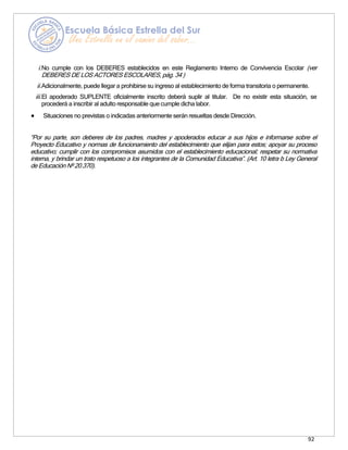 92
i.No cumple con los DEBERES establecidos en este Reglamento Interno de Convivencia Escolar (ver
DEBERES DE LOS ACTORES ESCOLARES, pág. 34 )
ii.Adicionalmente, puede llegar a prohibirse su ingreso al establecimiento de forma transitoria o permanente.
iii.El apoderado SUPLENTE oficialmente inscrito deberá suplir al titular. De no existir esta situación, se
procederá a inscribir al adulto responsable que cumple dicha labor.
• Situaciones no previstas o indicadas anteriormente serán resueltas desde Dirección.
“Por su parte, son deberes de los padres, madres y apoderados educar a sus hijos e informarse sobre el
Proyecto Educativo y normas de funcionamiento del establecimiento que elijan para estos; apoyar su proceso
educativo; cumplir con los compromisos asumidos con el establecimiento educacional; respetar su normativa
interna, y brindar un trato respetuoso a los integrantes de la Comunidad Educativa”. (Art. 10 letra b Ley General
de Educación Nº 20.370).
 
