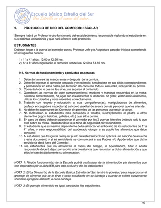 97
9. PROTOCOLO DE USO DEL COMEDOR ESCOLAR
Siempre habrá un Profesor u otro funcionario del establecimiento responsable vigilando al estudiante en
sus distintas ubicaciones y que hará efectivo este protocolo.
ESTUDIANTES:
Deberán llegar a la puerta del comedor con su Profesor Jefe y/o Asignatura para dar inicio a su merienda
en el siguiente horario:
1) 1° a 4° años: 12:00 a 12:50 hrs.
2) 5° a 8° años ingresarán al comedor desde las 12.50 a 13.10 hrs.
9.1. Normas de funcionamiento y conductas esperadas
1. Deberán lavarse las manos antes y después de la comida.
2. Deberán ingresar al comedor despacio y en silencio, sentándose en sus sitios correspondientes
y permanecer en ellos hasta que terminen de consumir todo su almuerzo, incluyendo su postre.
3. Comerán todo lo que se les sirve, sin separar el contenido.
4. Guardarán las normas de buen comportamiento, modales y maneras requeridas en la mesa:
Sentarse correctamente, no jugar con los alimentos ni lanzarlos, no gritar, vestir adecuadamente,
utilizar los cubiertos y otros utensilios correctamente.
5. Tratarán con respeto y educación a sus compañeros(as), manipuladoras de alimentos,
profesor encargado e inspector(a) así como auxiliar de aseo y demás personal que los atiende.
6. No deberán ausentarse del Comedor sin permiso de las personas que están a cargo.
7. No molestarán al estudiantes más pequeños o tímidos, sustrayéndoles el postre u otros
elementos (jugos, bebidas, galletas, etc.) que ellos portan.
8. En caso de sismo deberán abandonar el comedor por las 2 puertas laterales dejando todo lo que
está sobre su mesa. Trasladándose a la zona de seguridad correspondiente.
9. El estudiante que es insulina dependiente debe almorzar en el horario de los estudiantes de 1° a
4° años, y será responsabilidad del apoderado otorgar a su pupilo los alimentos que debe
consumir.
10. Al estudiante que trasgreda cualquier punto de este Protocolo se aplicará una sanción de acuerdo
a este documento y si es reincidente se comunicará a sus Padres y/o Apoderados que dicho
servicio se dará fuera del Comedor.
11. Los estudiantes que no almuerzan el menú del colegio, el Apoderado/a, tutor o adulto
responsable deberá dejar por escrito una constancia que renuncian a dicha alimentación y que
ellos le traerán diariamente su alimentación.
NOTA 1: Ningún funcionario(a) de la Escuela podrá usufructuar de la alimentación y/o elementos que
son destinados por la JUNAEB para uso exclusivo de los estudiantes
NOTA 2: El/La Director(a) de la Escuela Básica Estrella del Sur, tendrá la potestad para inspeccionar el
gramaje de alimento que se le sirve a cada estudiante en su bandeja y cuando lo estime conveniente
solicitará agregarle alimento a cada bandeja.
NOTA 3: El gramaje alimenticio es igual para todos los estudiantes.
 