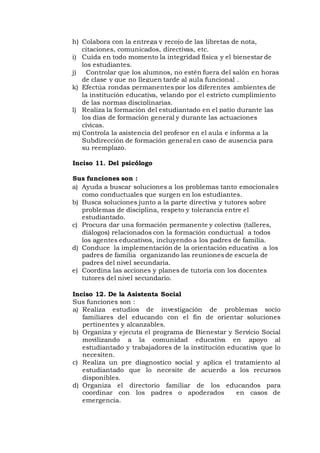 h) Colabora con la entrega y recojo de las libretas de nota,
citaciones, comunicados, directivas, etc.
i) Cuida en todo momento la integridad física y el bienestar de
los estudiantes.
j) Controlar que los alumnos, no estén fuera del salón en horas
de clase y que no lleguen tarde al aula funcional .uncional
k) Efectúa rondas permanentes por los diferentes ambientes de
la institución educativa, velando por el estricto cumplimiento
de las normas disciplinarias.
l) Realiza la formación del estudiantado en el patio durante las
los días de formación general y durante las actuaciones
cívicas.
m) Controla la asistencia del profesor en el aula e informa a la
Subdirección de formación general en caso de ausencia para
su reemplazo.
Inciso 11. Del psicólogo
Sus funciones son :
a) Ayuda a buscar soluciones a los problemas tanto emocionales
como conductuales que surgen en los estudiantes.
b) Busca soluciones junto a la parte directiva y tutores sobre
problemas de disciplina, respeto y tolerancia entre el
estudiantado.
c) Procura dar una formación permanente y colectiva (talleres,
diálogos) relacionados con la formación conductual a todos
los agentes educativos, incluyendo a los padres de familia.
d) Conduce la implementación de la orientación educativa a los
padres de familia organizando las reuniones de escuela de
padres del nivel secundaria.
e) Coordina las acciones y planes de tutoría con los docentes
tutores del nivel secundario.
Inciso 12. De la Asistenta Social
Sus funciones son :
a) Realiza estudios de investigación de problemas socio
familiares del educando con el fin de orientar soluciones
pertinentes y alcanzables.
b) Organiza y ejecuta el programa de Bienestar y Servicio Social
movilizando a la comunidad educativa en apoyo al
estudiantado y trabajadores de la institución educativa que lo
necesiten.
c) Realiza un pre diagnostico social y aplica el tratamiento al
estudiantado que lo necesite de acuerdo a los recursos
disponibles.
d) Organiza el directorio familiar de los educandos para
coordinar con los padres o apoderados en casos de
emergencia.
 