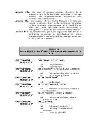 Artículo 55o.- En caso el alumno ocasione deterioro de la
infraestructura de la institución educativa, el alumno
asumirá las responsabilidades económicas para
subsanar el daño ocasionado.
Artículo 56o.- Los alumnos de los niveles Primaria y Secundaria,
tienen prohibidos traer a la institución educativa:
equipos celulares, reproductores MP3, portátiles de
video, etc., caso contrario, serán decomisados y
entregados al término del año lectivo al padre de familia.
Artículo 57o.- Se considera falta grave, con separación definitiva de la
institución educativa, la introducción de armas
punzocortantes y sustancias psicoactivas que atente con
la integridad de la persona.
TITULO IX
DE LA ADMINISTRACIÓN DE LOS BIENES PATRIMONIALES DE
LA I.E.
CAPITULO XXI PATRIMONIO E INVENTARIO
ARTICULO Nº
58. Del patrimonio
59. Del inventario
CAPITULO XXII DEL INCREMENTO, ALTAS, BAJAS Y RETIROS
ARTICULO Nº
60. Del incremento y altas de bienes
61. De las bajas y retiros
CAPITULO XXIII DE LAS DONACIONES
ARTICULO Nº
62. La donación
CAPITULO XXIV DE LOS RELEVOS DEL CARGO
ARTICULO Nº
63. Relevo de un directivo ,docente o
administrativo.
CAPITULO XXV DE LAS PERDIDAS , ROBOS Y HURTOS
ARTICULO Nº
64. Del caso de perdidas , robos o
hurtos en la I.E.
CAPITULO XXVI DEL AUDITORIO
ARTICULO Nº
65. Del uso del auditorio
66. Del uso y conservación del
auditorio
67. Casos no previstos
 
