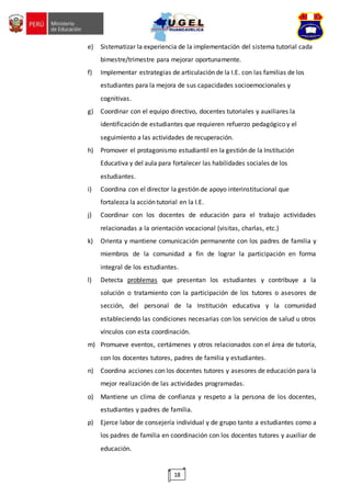 18
e) Sistematizar la experiencia de la implementación del sistema tutorial cada
bimestre/trimestre para mejorar oportunamente.
f) Implementar estrategias de articulación de la I.E. con las familias de los
estudiantes para la mejora de sus capacidades socioemocionales y
cognitivas.
g) Coordinar con el equipo directivo, docentes tutoriales y auxiliares la
identificación de estudiantes que requieren refuerzo pedagógico y el
seguimiento a las actividades de recuperación.
h) Promover el protagonismo estudiantil en la gestión de la Institución
Educativa y del aula para fortalecer las habilidades sociales de los
estudiantes.
i) Coordina con el director la gestión de apoyo interinstitucional que
fortalezca la acción tutorial en la I.E.
j) Coordinar con los docentes de educación para el trabajo actividades
relacionadas a la orientación vocacional (visitas, charlas, etc.)
k) Orienta y mantiene comunicación permanente con los padres de familia y
miembros de la comunidad a fin de lograr la participación en forma
integral de los estudiantes.
l) Detecta problemas que presentan los estudiantes y contribuye a la
solución o tratamiento con la participación de los tutores o asesores de
sección, del personal de la Institución educativa y la comunidad
estableciendo las condiciones necesarias con los servicios de salud u otros
vínculos con esta coordinación.
m) Promueve eventos, certámenes y otros relacionados con el área de tutoría,
con los docentes tutores, padres de familia y estudiantes.
n) Coordina acciones con los docentes tutores y asesores de educación para la
mejor realización de las actividades programadas.
o) Mantiene un clima de confianza y respeto a la persona de los docentes,
estudiantes y padres de familia.
p) Ejerce labor de consejería individual y de grupo tanto a estudiantes como a
los padres de familia en coordinación con los docentes tutores y auxiliar de
educación.
 