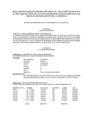 REGLAMENTO INTERNO INMUEBLEUBICADO EN EL ASENTAMIENTO HUMANO
EL MILAGRO SECTOR II,MZ. 15,LOTE 5,DISTRITO HUANCHACO, PROVINCIA DE
TRUJILLO, DEPARTAMENTO DE LA LIBERTAD
REGIMEN DEINDEPENDIZACION Y COPROPIEDAD (CASAS EN QUINTA)
CAPITULO I
ASPECTOS GENERALES
ARTÍCULO 1º.-OBLIGATORIEDAD Y DESIGNACION ABREVIADA
EL PRESENTE REGLAMENTO INTERNO ES DE OBSERVANCIA OBLIGATORIA, SIN EXCEPCION NI LIMITACION ALGUNA,
TODAS LAS PERSONAS QUE TENGAN LA PROPIEDAD O POSESION, BAJO CUALQUIER TITULO DE LAS SECCIONES
INMOBILIARIAS DE PROPIEDAD EXCLUSIVAQUEFORMAN PARTE DE LA UNIDAD INMOBILIARIA, DESCRITA EN ELCAPITULO
II DE ESTE REGLAMENTO, A LA QUE EN ADELANTE SE DENOMINARA UNIDAD INMOBILIARIA DICHAS PERSONAS QUEDAN
OBLIGADAS A RESPETAR SUS DISPOSICIONES Y LAS DECISIONES DE LA JUNTA DE PROPIETARIOS.
CAPITULO II
LA UNIDAD INMOBILIARIA
ARTICULO 2º.-CARACTERISTICA DELA UNIDAD INMOBILIARIA
LAS CARACTERISTICAS DE LA UNIDAD INMOBILIARIASON LAS SIGUIENTES
UBICACION:
DEPARTAMENTO : LA LIBERTAD
PROVINCIA : TRUJILLO
DISTRITO : HUANCHACO
AA. HH. : EL MILAGRO
SECTOR : II
MANZANA : 15
LOTE : 5
DIRECCION : CALLE JUAN VELASCOALVARADO
DESCRIPCION Y USO:
LA UNIDAD INMOBILIRIA ES UN LOTE DE TERRENO QUE CONSTA DE SIETE UNIDADES DE PROPIEDAD
EXCLUSIVA DENOMINADOS LOTES 5, 5A, 5B, 5C, 5D, 5E, 5F, DESTINADAS AL USO DE VIVIENDA.
ARTÍCULO 3º.- SECCIONES DEPROPIEDAD EXCLUSIVA
LAS SECCIONES DE PROPIEDAD EXCLUSIVA QUE FORMAN PARTE DE LA UNIDAD INMOBILIARIA SON :
DENOMICACIÓN NUMERO A. OCUPADA A. TECHADA A. LIBRE USO
LOTE 5 L. 5 (1° PISO) 97.0.3 M2 0.00. 97.03 M2 VIVIENDA
LOTE 5A L. 5A (1° PISO) 50.04 M2 0.00. 50.04 M2 VIVIENDA
LOTE 5B L. 5B (1° PISO) 50.03 M2 0.00. 50.03 M2 VIVIENDA
LOTE 5C L. 5C (1° PISO) 50.01 M2 0.00. 50.01 M2 VIVIENDA
LOTE 5D L. 5D (1° PISO) 50.05 M2 0.00. 50.05 M2 VIVIENDA
LOTE 5E L. 5E (1° PISO) 50.23 M2 0.00. 50.23 M2 VIVIENDA
LOTE 5F L. 5F (1° PISO) 51.08 M2 0.00. 51.08 M2 VIVIENDA
TOTAL 398.47 M2 398.47 M2
 