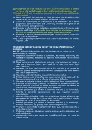 gg) Cumplir con las horas efectivas de la labor académica respetando el cambio
de hora y velar por la limpieza, orden y ambientación del espacio de uso.
hh) Asistir a la I.E. con presentación decorosa, y si fuera el caso debidamente
uniformado(a).
ii) Hacer devolución de materiales y/o útiles escolares que no hubieran sido
utilizados por los estudiantes en el año escolar que culmina.
jj) Aplicar las evaluaciones de subsanación a los estudiantes en la fecha
programada por la Dirección o Sub-Dirección y presentar en un plazo de 24
horas el informe correspondiente.
kk) Presentar el informe técnico pedagógico correspondiente al término de cada
bimestre y al finalizar el año escolar deberá agregar las orientaciones, tareas
de refuerzos para los estudiantes que tengas áreas desaprobadas.
ll) Presentar el informe correspondiente después de cada actividad o comisión
de la que fue responsable.
mm) Otros asignados por la Dirección o Sub-Dirección de acuerdo a las normas
vigentes LRM.
FUNCIONES ESPECÍFICAS DEL DOCENTE DE EDUCACIÓN INICIAL Y
PRIMARIA:
Art. 16°- Además de las establecidas, son funciones de los profesores de
Educación Inicial y Primaria:
a) Programar, desarrollar y evaluar el currículum, de acuerdo a la edad y a la
realidad sociocultural, incluyendo las acciones de orientación y bienestar del
educando.
b) Llegar oportunamente a la Institución antes de iniciar su jornada de trabajo y
velar por la integridad física y emocional de los niños a su cargo, bajo
responsabilidad.
c) Mantener una fluida comunicación con la Sub directora y los padres de
familia a quienes debe citar para la entrevista correspondiente como mínimo
una vez en cada trimestre.
d) Organizar, ambientar el aula y preparar el material educativo.
e) Evaluar integralmente a los niños a su cargo, cumplir con la elaboración de
la documentación pertinente e informar a los padres de familia.
f) Mantener actualizada la documentación pedagógica de su responsabilidad.
g) Participar en acciones programadas de investigación y experimentación de
nuevos métodos y técnicas de trabajo educativo, así como en eventos de
actualización profesional organizados por la Institución.
h) Detectar problemas que afecten el desarrollo del niño y su aprendizaje,
tratando o derivando oportunamente los que requieran atención
especializada.
i) Atender a los estudiantes y velar por su seguridad durante el tiempo que
permanecen en su aula, las horas de juego, alimentación e higiene y hasta
la entrega de los niños a sus padres y/o apoderados.
j) Detectar problemas que afecten el desarrollo del niño y su aprendizaje,
tratando o derivando los que requieran atención especializada.
k) Velar por el buen estado de conservación de su aula, los materiales, etc, y
ambientes comunes.
l) Participar en acciones educativas, pastoral, artísticas y otras actividades que
realice el Colegio.
m) Asesorar al comité de aula y velar para que el Plan de Trabajo del comité de
aula se realice.
 