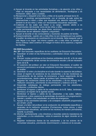 a) Apoyar al docente en las actividades formativas y de atención a los niños y
niñas en respuesta a sus necesidades de alimentación, fisiológicas y de
recreación, salud, aseo y cuidado.
b) Recepcionar y despedir a los niños y niñas en la puerta principal de la I.E.
c) Informar y coordinar permanentemente con el docente de aula sobre las
observaciones a niños y niñas que requieran una atención especial, como
también la de los niños y niñas con necesidades educativas especiales.
d) Colaborar en las aulas que tienen a su cargo, estando atento a os
requerimientos del docente como de los niños y niñas.
e) Vigilar permanentemente las áreas libres, servicios higiénicos que estén en
condiciones de ser utilizados (higiene y seguridad).
f) Apoyar al docente en las convocatorias y reuniones de padres de familia.
g) Excepcionalmente, cuando uno o más niños no son recogidos por sus padres,
el auxiliar de educación en coordinación con el docente, debe asegurar que el
niño llegue a su hogar. Así mismo cuando uno o más niños no asisten en
forma continua debe contribuir en indagar el motivo de la ausencia y registrar
los hechos.
EN EBR Secundaria:
Art. 20°- Son funciones específicas de los auxiliares de Educación Secundaria:
a) Garantizar el orden en las formaciones y actividades cívicas dentro y fuera
de la IE.
b) Efectuar rondas periódicas en los diversos ambientes de la IE. a fin de velar
por el cumplimiento de las normas de convivencia escolar y de ser necesario
fuera de la IE.
c) En ausencia del profesor y/o tutor en Educación Secundaria, el auxiliar de
educación permanece en el aula cumpliendo funciones inherentes a su cargo
de auxiliar.
d) Garantizar el orden y la disciplina en el aula durante la ausencia del profesor.
e) Llevar el registro de asistencia de los estudiantes y de las incidencias de
incumplimiento de las normas de convivencia y hacer seguimiento de las
recomendaciones, dando cuenta al profesor tutor correspondiente.
f) Registrar las incidencias diarias de los estudiantes y de los actores de la
institución educativa, previniendo la discriminación y violencia en la IE.
g) Desarrollar estrategias de diálogo permanente con los estudiantes,
profesores y profesores tutores.
h) Monitorear el ingreso y salida de los estudiantes de la IE. faltas, tardanzas,
permisos y el registro de la agenda escolar.
i) Monitorear el ingreso y salida de los estudiantes a las aulas, talleres,
laboratorios y otros espacios de aprendizaje de acuerdo a la programación.
j) Atender y auxiliar a los estudiantes en casos de emergencia.
k) Apoyar en las actividades tutoriales y de consejería estudiantil programadas
por el tutor y la IE.
l) Apoyar a la labor del profesor en la conducción de actividades específicas y
generales de la institución educativa (Formaciones, Actos cívicos, y otras
celebraciones educativas, así como en los recreos) de manera permanente,
durante su jornada.
m) Informar oportunamente a los directivos y docentes sobre la inasistencia de
estudiantes y a los estudiantes, sobre la ausencia de algún docente en la
II.EE.
n) Registrar incidencias diarias de los estudiantes y de los actores de la
comunidad educativa, previniendo discriminación y violencia en la escuela.
 