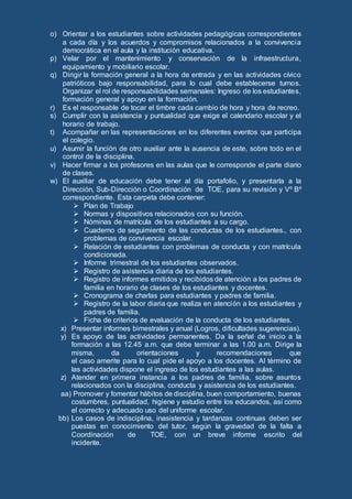 o) Orientar a los estudiantes sobre actividades pedagógicas correspondientes
a cada día y los acuerdos y compromisos relacionados a la convivencia
democrática en el aula y la institución educativa.
p) Velar por el mantenimiento y conservación de la infraestructura,
equipamiento y mobiliario escolar.
q) Dirigir la formación general a la hora de entrada y en las actividades cívico
patrióticos bajo responsabilidad, para lo cual debe establecerse turnos.
Organizar el rol de responsabilidades semanales: Ingreso de los estudiantes,
formación general y apoyo en la formación.
r) Es el responsable de tocar el timbre cada cambio de hora y hora de recreo.
s) Cumplir con la asistencia y puntualidad que exige el calendario escolar y el
horario de trabajo.
t) Acompañar en las representaciones en los diferentes eventos que participa
el colegio.
u) Asumir la función de otro auxiliar ante la ausencia de este, sobre todo en el
control de la disciplina.
v) Hacer firmar a los profesores en las aulas que le corresponde el parte diario
de clases.
w) El auxiliar de educación debe tener al día portafolio, y presentarla a la
Dirección, Sub-Dirección o Coordinación de TOE, para su revisión y Vº Bº
correspondiente. Esta carpeta debe contener:
 Plan de Trabajo
 Normas y dispositivos relacionados con su función.
 Nóminas de matrícula de los estudiantes a su cargo.
 Cuaderno de seguimiento de las conductas de los estudiantes., con
problemas de convivencia escolar.
 Relación de estudiantes con problemas de conducta y con matrícula
condicionada.
 Informe trimestral de los estudiantes observados.
 Registro de asistencia diaria de los estudiantes.
 Registro de informes emitidos y recibidos de atención a los padres de
familia en horario de clases de los estudiantes y docentes.
 Cronograma de charlas para estudiantes y padres de familia.
 Registro de la labor diaria que realiza en atención a los estudiantes y
padres de familia.
 Ficha de criterios de evaluación de la conducta de los estudiantes.
x) Presentar informes bimestrales y anual (Logros, dificultades sugerencias).
y) Es apoyo de las actividades permanentes. Da la señal de inicio a la
formación a las 12.45 a.m. que debe terminar a las 1.00 a.m. Dirige la
misma, da orientaciones y recomendaciones que
el caso amerite para lo cual pide el apoyo a los docentes. Al término de
las actividades dispone el ingreso de los estudiantes a las aulas.
z) Atender en primera instancia a los padres de familia, sobre asuntos
relacionados con la disciplina, conducta y asistencia de los estudiantes.
aa) Promover y fomentar hábitos de disciplina, buen comportamiento, buenas
costumbres, puntualidad, higiene y estudio entre los educandos, así como
el correcto y adecuado uso del uniforme escolar.
bb) Los casos de indisciplina, inasistencia y tardanzas continuas deben ser
puestas en conocimiento del tutor, según la gravedad de la falta a
Coordinación de TOE, con un breve informe escrito del
incidente.
 