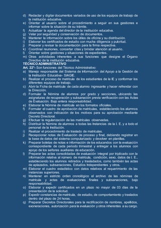 d) Redactar y digitar documentos variados de uso de los equipos de trabajo de
la institución educativa.
e) Orientar al usuario sobre el procedimiento a seguir en sus gestiones e
informar sobre la situación de su trámite.
f) Actualizar la agenda del director de la institución educativa.
g) Velar por seguridad y conservación de documentos.
h) Mantener la información sobre los útiles de oficina y su distribución.
i) Elaborar los certificados de estudio con mucha diligencia y pulcritud.
j) Preparar y revisar la documentación para la firma respectiva.
k) Coordinar reuniones, concertar citas y brindar atención al usuario.
l) Orientar sobre gestiones y situaciones de expedientes.
m) Otras actividades inherentes a sus funciones que designe el Órgano
Directivo de la institución educativa.
TÉCNICO ADMINISTRATIVO
Art. 22°- Son funciones del Técnico Administrativo:
a) Manejo responsable del Sistema de Información del Apoyo a la Gestión de
la Institución Educativa- SIAGIE.
b) Realizar el proceso de matrícula de los estudiantes de la IE y conformar los
diferentes equipos de trabajo.
c) Abrir la Ficha de matrícula de cada alumno ingresante y hacer refrendar con
la Dirección.
d) Formular la Nómina de alumnos por grado y secciones, ubicando las
asignaturas de recuperación y subsanación previa verificación con las Actas
de Evaluación. Bajo entera responsabilidad.
e) Elaborar la Nómina de matrícula en los formatos oficiales.
f) Formular el cuadro de aprobación de matrículas, estableciendo los alumnos
observados con indicación de los motivos para su aprobación mediante
Decreto Directoral.
g) Efectuar la regularización de las matrículas observadas.
h) Distribuir la Nómina de alumnos a todas las Instancias de la I. E. y a todo el
personal de la Institución.
i) Realizar el procedimiento de traslado de matrículas.
j) Recepcionar notas de Evaluación de proceso y final, debiendo registrar en
la base de datos del sistema computarizado y devolver en planillas.
k) Preparar boletas de notas e información de los educandos con la evaluación
correspondiente de cada periodo trimestral y entregar a los alumnos con
apoyo de los señores auxiliares de educación.
l) Preparar las actas consolidadas de evaluación integral por triplicado con la
información relativa al número de matrícula, condición, sexo, datos de I. E.,
estableciendo los alumnos retirados y trasladados, como también las actas
de aplazados, subsanaciones, Estudios Independientes y otros.
m) Elaborar el cuadro estadístico con datos relativos al requerimiento de las
instancias superiores.
n) Mantener en estricto orden cronológico el archivo de las nóminas de
matrícula y actas de evaluaciones finales y subsanaciones, bajo
responsabilidad.
o) Elaborar y expedir certificados en un plazo no mayor de 03 días de la
presentación de la solicitud.
p) Expedir constancias de matrícula, de estudio, de comportamiento y traslados
dentro del plazo de 24 horas.
q) Preparar Decretos Directorales para la rectificación de nombres, apellidos,
exoneraciones, autorización para la evaluación y otros inherentes a su cargo.
 