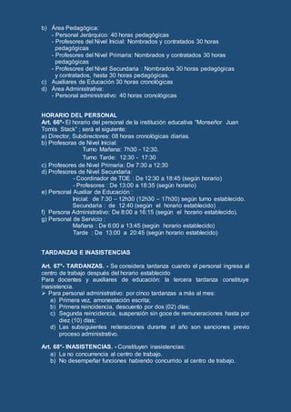 b) Área Pedagógica:
- Personal Jerárquico: 40 horas pedagógicas
- Profesores del Nivel Inicial: Nombrados y contratados 30 horas
pedagógicas
- Profesores del Nivel Primaria: Nombrados y contratados 30 horas
pedagógicas
- Profesores del Nivel Secundaria : Nombrados 30 horas pedagógicas
y contratados, hasta 30 horas pedagógicas.
c) Auxiliares de Educación 30 horas cronológicas
d) Área Administrativa:
- Personal administrativo: 40 horas cronológicas
HORARIO DEL PERSONAL
Art. 66º- El horario del personal de la institución educativa “Monseñor Juan
Tomis Stack” ; será el siguiente:
a) Director, Subdirectores: 08 horas cronológicas diarias.
b) Profesoras de Nivel Inicial:
Turno Mañana: 7h30 - 12:30.
Turno Tarde: 12:30 - 17:30
c) Profesores de Nivel Primaria: De 7:30 a 12:30
d) Profesores de Nivel Secundaria:
- Coordinador de TOE : De 12:30 a 18:45 (según horario)
- Profesores : De 13:00 a 18:35 (según horario)
e) Personal Auxiliar de Educación :
Inicial: de 7:30 – 12h30 (12h30 – 17h30) según turno establecido.
Secundaria : de 12:40 (según el horario establecido)
f) Persona Administrativo: De 8:00 a 16:15 (según el horario establecido).
g) Personal de Servicio :
Mañana : De 6:00 a 13:45 (según horario establecido)
Tarde : De 13:00 a 20:45 (según horario establecido)
TARDANZAS E INASISTENCIAS
Art. 67°- TARDANZAS. - Se considera tardanza cuando el personal ingresa al
centro de trabajo después del horario establecido
Para docentes y auxiliares de educación: la tercera tardanza constituye
inasistencia.
 Para personal administrativo: por cinco tardanzas a más al mes:
a) Primera vez, amonestación escrita;
b) Primera reincidencia, descuento por dos (02) días;
c) Segunda reincidencia, suspensión sin goce de remuneraciones hasta por
diez (10) días;
d) Las subsiguientes reiteraciones durante el año son sanciones previo
proceso administrativo.
Art. 68°- INASISTENCIAS. - Constituyen inasistencias:
a) La no concurrencia al centro de trabajo.
b) No desempeñar funciones habiendo concurrido al centro de trabajo.
 