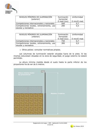 NIVELES MÍNIMOS DE ILUMINACIÓN                    Iluminación      Uniformidad
                 (exterior)                              horizontal
                                                        E med (lux)      E min/E med
  Competiciones internacionales y nacionales                500              0,7
  Competiciones locales, entrenamiento, uso                 200              0,5
  escolar y recreativo


      NIVELES MÍNIMOS DE ILUMINACIÓN                    Iluminación      Uniformidad
                  (interior)                             horizontal
                                                        E med (lux)      E min/E med
  Competiciones internacionales y nacionales                750              0,7
  Competiciones locales, entrenamiento, uso                 300              0,5
  escolar y recreativo

      → Otros países: consultar normativas propias.

      Las columnas de iluminación estarán situadas fuera de la pista. Si las
mismas estuviesen situadas en la zona de seguridad, el juego externo no estará
permitido.

      La altura mínima medida desde el suelo hasta la parte inferior de los
proyectores ha de ser de 6 metros.




                     Reglamento de Juego – FEP - Aplicación 01/01/2009
                                         13 de 35
                                                                          Ver Anexo 2010
 