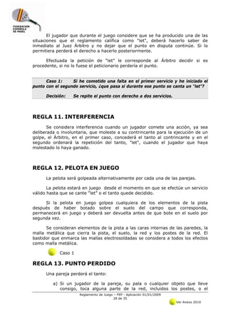 El jugador que durante el juego considere que se ha producido una de las
situaciones que el reglamento califica como "let", deberá hacerlo saber de
inmediato al Juez Árbitro y no dejar que el punto en disputa continúe. Si lo
permitiera perderá el derecho a hacerlo posteriormente.

      Efectuada la petición de “let” le corresponde al Árbitro decidir si es
procedente, si no lo fuese el peticionario perdería el punto.


      Caso 1:     Si he cometido una falta en el primer servicio y he iniciado el
punto con el segundo servicio, ¿que pasa si durante ese punto se canta un “let”?

      Decisión:   Se repite el punto con derecho a dos servicios.




REGLA 11. INTERFERENCIA
       Se considera interferencia cuando un jugador comete una acción, ya sea
deliberada o involuntaria, que moleste a su contrincante para la ejecución de un
golpe, el Árbitro, en el primer caso, concederá el tanto al contrincante y en el
segundo ordenará la repetición del tanto, "let", cuando el jugador que haya
molestado lo haya ganado.



REGLA 12. PELOTA EN JUEGO
      La pelota será golpeada alternativamente por cada una de las parejas.

       La pelota estará en juego desde el momento en que se efectúe un servicio
válido hasta que se cante “let” o el tanto quede decidido.

     Si la pelota en juego golpea cualquiera de los elementos de la pista
después de haber botado sobre el suelo del campo que corresponda,
permanecerá en juego y deberá ser devuelta antes de que bote en el suelo por
segunda vez.

      Se consideran elementos de la pista a las caras internas de las paredes, la
malla metálica que cierra la pista, el suelo, la red y los postes de la red. El
bastidor que enmarca las mallas electrosoldadas se considera a todos los efectos
como malla metálica.

            Caso 1

REGLA 13. PUNTO PERDIDO
      Una pareja perderá el tanto:

         a) Si un jugador de la pareja, su pala o cualquier objeto que lleve
            consigo, toca alguna parte de la red, incluidos los postes, o el
                     Reglamento de Juego – FEP - Aplicación 01/01/2009
                                         28 de 35
                                                                         Ver Anexo 2010
 