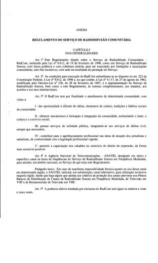 BRASIL: Reglamento Ley Radiodifusión Comunitaria (anexo) - Decreto N°2.615 de 1998