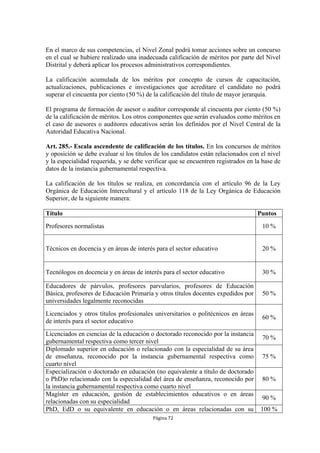 En el marco de sus competencias, el Nivel Zonal podrá tomar acciones sobre un concurso 
en el cual se hubiere realizado una inadecuada calificación de méritos por parte del Nivel 
Distrital y deberá aplicar los procesos administrativos correspondientes. 
La calificación acumulada de los méritos por concepto de cursos de capacitación, 
actualizaciones, publicaciones e investigaciones que acreditare el candidato no podrá 
superar el cincuenta por ciento (50 %) de la calificación del título de mayor jerarquía. 
El programa de formación de asesor o auditor corresponde al cincuenta por ciento (50 %) 
de la calificación de méritos. Los otros componentes que serán evaluados como méritos en 
el caso de asesores o auditores educativos serán los definidos por el Nivel Central de la 
Autoridad Educativa Nacional. 
Art. 285.- Escala ascendente de calificación de los títulos. En los concursos de méritos 
y oposición se debe evaluar si los títulos de los candidatos están relacionados con el nivel 
y la especialidad requerida, y se debe verificar que se encuentren registrados en la base de 
datos de la instancia gubernamental respectiva. 
La calificación de los títulos se realiza, en concordancia con el artículo 96 de la Ley 
Orgánica de Educación Intercultural y el artículo 118 de la Ley Orgánica de Educación 
Superior, de la siguiente manera: 
Título Puntos 
Profesores normalistas 10 % 
Técnicos en docencia y en áreas de interés para el sector educativo 20 % 
Tecnólogos en docencia y en áreas de interés para el sector educativo 30 % 
Educadores de párvulos, profesores parvularios, profesores de Educación 
Básica, profesores de Educación Primaria y otros títulos docentes expedidos por 
universidades legalmente reconocidas 
Página 72 
50 % 
Licenciados y otros títulos profesionales universitarios o politécnicos en áreas 
de interés para el sector educativo 
60 % 
Licenciados en ciencias de la educación o doctorado reconocido por la instancia 
gubernamental respectiva como tercer nivel 
70 % 
Diplomado superior en educación o relacionado con la especialidad de su área 
de enseñanza, reconocido por la instancia gubernamental respectiva como 
cuarto nivel 
75 % 
Especialización o doctorado en educación (no equivalente a título de doctorado 
o PhD)o relacionado con la especialidad del área de enseñanza, reconocido por 
la instancia gubernamental respectiva como cuarto nivel 
80 % 
Magíster en educación, gestión de establecimientos educativos o en áreas 
relacionadas con su especialidad 
90 % 
PhD, EdD o su equivalente en educación o en áreas relacionadas con su 100 % 
 