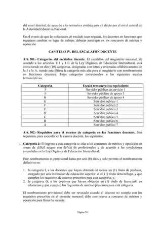 del nivel distrital, de acuerdo a la normativa emitida para el efecto por el nivel central de
   la Autoridad Educativa Nacional.

   En el evento de que las solicitudes de traslado sean negadas, los docentes en funciones que
   requieran cambiar su lugar de trabajo, deberán participar en los concursos de méritos y
   oposición.

                      CAPÍTULO IV. DEL ESCALAFÓN DOCENTE

   Art. 301.- Categorías del escalafón docente. El escalafón del magisterio nacional, de
   acuerdo a los artículos 111 y 113 de la Ley Orgánica de Educación Intercultural, está
   estructurado en diez (10) categorías, designadas con letras y ordenadas alfabéticamente de
   la J a la A, siendo esta última la categoría más alta para el magisterio con nombramiento
   en funciones docentes. Estas categorías corresponden a las siguientes escalas
   remunerativas:

              Categoría                          Escala remunerativa equivalente
                  J                                Servidor público de servicio 1
                  I                                 Servidor público de apoyo 3
                 H                                  Servidor público de apoyo 4
                 G                                       Servidor público 1
                  F                                      Servidor público 2
                  E                                      Servidor público 3
                 D                                       Servidor público 4
                 C                                       Servidor público 5
                 B                                       Servidor público 6
                 A                                       Servidor público 7

   Art. 302.- Requisitos para el ascenso de categoría en las funciones docentes. Son
   requisitos, para ascender en la carrera docente, los siguientes:

1. Categoría J: El ingreso a esta categoría se ciñe a los concursos de méritos y oposición en
   zonas de difícil acceso con déficit de profesionales y de acuerdo a las condiciones
   estipuladas en la Ley Orgánica de Educación Intercultural.

   Este nombramiento es provisional hasta por seis (6) años y solo permite el nombramiento
   definitivo en:

   1. la categoría I, a los docentes que hayan obtenido al menos un (1) título de profesor,
      otorgado por una institución de educación superior, o un (1) título detecnólogo, y que
      cumplen los requisitos de ascenso prescritos para esta categoría; y,
   2. la categoría G, a los docentes que hayan obtenido un (1) título de licenciado en
      educación y que cumplen los requisitos de ascenso prescritos para esta categoría.

   El nombramiento provisional debe ser revocado cuando el docente no cumpla con los
   requisitos prescritos en el presente numeral; debe convocarse a concurso de méritos y
   oposición para llenar la vacante.


                                             Página 76
 