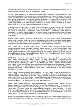 descanso obligatorio, única y exclusivamente en su respectiva circunscripción cantonal, por la
creación de cada uno de los cantones las siguientes fechas:
ENERO: Cantón Santiago 1 de Enero (Provincia de Morona Santiago); Cantón Huamboya 2 de
enero; Cantón Santa Clara 2 de enero; Cantón Chinchipe 5 de enero; Cantón Echeandía 5 de enero;
Cantón Sucumbíos 5 de enero; Cantón Yacuambi 8 de enero; Cantón San Miguel de Bolívar 10 de
enero (Provincia de Bolívar); Cantón Pedro Vicente Maldonado 15 de enero; Cantón Puyango 17 de
enero; Cantón Quijos 17 de enero; Cantón Santa Isabel 20 de enero; Cantón Logroño 22 de enero;
Cantón Santa Elena 22 de enero; Cantón Tosagua 25 de enero; Cantón Cumandá 28 de enero;
Cantón el Tambo 24 de enero; Cantón Guachapala 31 de enero;
FEBRERO: Cantón Puebloviejo 7 de febrero; Cantón Penipe 9 de febrero; Cantón San Miguel de
Urcuqui 9 de febrero; Cantón Antonio Ante 12 de febrero; Cantón El Pangui 14 de febrero; Cantón
San Miguel de los Bancos 14 de febrero; Cantón 24 de Mayo 15 de febrero; Cantón Yantzaza
(Yanzatza) 26 de febrero; Cantón Balsas 23 de febrero; Cantón Olmedo 24 de febrero; Cantón Paute
26 de febrero; Cantón Deleg 27 de febrero; Cantón San Cristóbal 28 de febrero; Cantón Santa Cruz
28 de febrero;
MARZO: Cantón Chimbo 3 de marzo; Cantón Puerto Quito 7 de marzo; Cantón Saraguro 10 de
marzo; Cantón Chambo 18 de marzo; Cantón Jama 20 de marzo; Cantón Centinela del Cóndor 21
de marzo; Cantón San Lorenzo 22 de marzo; Cantón Isabela 23 de marzo; Cantón Girón 26 de
marzo; Cantón Camilo Ponce Enríquez 28 de marzo; Cantón Pedernales 31 de marzo;
ABRIL: Cantón Mera 11 de abril; Cantón Tulcán 11 de abril, Cantón Cuenca 12 de abril; Cantón
Libertad 14 de abril; Cantón Chordeleg 15 de abril; Cantón Azogues 16 de abril; Cantón Sigsig 16 de
abril; Cantón Santa Ana 17 de abril; Cantón Riobamba 21 de abril; Cantón Atahualpa 25 de abril;
Cantón Montalvo 25 de abril; Cantón Archidona 27 de abril; Cantón Jaramijó 28 de abril; Cantón
Colimes 29 de abril; Cantón Espíndola 29 de abril; Cantón Flavio Alfaro 29 de abril; Cantón Orellana
30 de abril; Cantón Putumayo 30 de abril;
MAYO: Cantón Marcabeli 6 de mayo; Cantón San Fernando 6 de mayo; Cantón Las Lajas 9 de
mayo; Cantón Oña 10 de mayo; Cantón Cevallos 13 de mayo; Cantón Mocha 13 de mayo; Cantón
Pallatanga 13 de mayo; Cantón Pichincha 13 de mayo; (Provincia de Manabí) Cantón Alfredo
Baquerizo Moreno 19 de mayo; Cantón La Mana 19 de mayo; Cantón Catamayo (Latoma) 22 de
mayo; Cantón El Chaco 26 de mayo; Cantón Pimampiro 26 de mayo; Cantón Babahoyo 27 de mayo;
Cantón Célica 27 de mayo; Cantón Santa Rosa 27 de mayo; Cantón Simón Bolívar 27 de mayo
(Provincia del Guayas); Cantón Mocache 28 de mayo; Cantón Morona 29 de mayo; Cantón
Rumiñahui 31 de mayo;
JUNIO: Cantón Chillanes 1 de junio; Cantón Pangua 1 de junio; Cantón Vinces 14 de junio; Cantón
Lago Agrio 20 de junio; Cantón El Empalme 23 de junio; Cantón Guaranda 23 de junio; Cantón
Alausí 25 de junio; Cantón Baba 23 de junio; Cantón Gualaceo 25 de junio; Cantón Máchala 25 de
junio; Cantón Paltas 25 de junio; Cantón Portoviejo 25 de junio; Cantón Zaruma 25 de junio; Cantón
Cañar 25 de junio; Cantón Otavalo 25 de junio; Cantón Taisha 28 de junio; Cantón Tiwintza 28 de
junio; Cantón Palora 22 de junio; Cantón San Juan Bosco 30 de junio;
JULIO: Cantón Quinindé 3 de julio; Cantón Santo Domingo 3 de julio; Cantón Chunchi 4 de julio;
Cantón Cotacachi 6 de julio; Cantón el Carmen 3 de julio; Cantón Pedro Carbo 19 de julio; Cantón
Palestina 20 de julio; Cantón San Jacinto de Yaguachi 21 de julio; Cantón Río Verde 22 de julio;
Cantón Mejía 23 de julio; Cantón San Pedro de Pelileo 22 de julio; Cantón Cayambe 23 de julio;
Cantón Chone 24 de julio; Cantón Calvas 25 de julio; Cantón Chilla 25 de julio; Cantón Esmeraldas
25 de julio; Cantón Guayaquil 25 de julio; Cantón Pucará 25 de julio; Cantón Arajuno 25 de julio;
Cantón Quero 27 de julio; Cantón Santiago de Píllaro 29 de julio;
AGOSTO: Cantón Biblián 1 de agosto; Cantón Guamote 1 de agosto; Cantón Colta 2 agosto; Cantón
Cáscales 2 de agosto; Cantón Palenque 2 de agosto; Cantón Portovelo 5 de agosto; Cantón Buena
REGLAMENTO GENERAL A LA LEY ORGANICA DEL SERVICIO PUBLICO - Página 79
LEXIS FINDER - www.lexis.com.ec
 