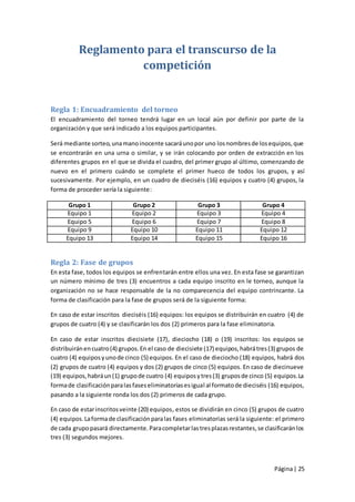 Reglamento para el transcurso de la
                    competición


Regla 1: Encuadramiento del torneo
El encuadramiento del torneo tendrá lugar en un local aún por definir por parte de la
organización y que será indicado a los equipos participantes.

Será mediante sorteo, una mano inocente sacará uno por uno los nombres de los equipos, que
se encontrarán en una urna o similar, y se irán colocando por orden de extracción en los
diferentes grupos en el que se divida el cuadro, del primer grupo al último, comenzando de
nuevo en el primero cuándo se complete el primer hueco de todos los grupos, y así
sucesivamente. Por ejemplo, en un cuadro de dieciséis (16) equipos y cuatro (4) grupos, la
forma de proceder sería la siguiente:

       Grupo 1                 Grupo 2                   Grupo 3                 Grupo 4
      Equipo 1                Equipo 2                  Equipo 3                Equipo 4
      Equipo 5                Equipo 6                  Equipo 7                Equipo 8
      Equipo 9                Equipo 10                 Equipo 11               Equipo 12
      Equipo 13               Equipo 14                 Equipo 15               Equipo 16


Regla 2: Fase de grupos
En esta fase, todos los equipos se enfrentarán entre ellos una vez. En esta fase se garantizan
un número mínimo de tres (3) encuentros a cada equipo inscrito en le torneo, aunque la
organización no se hace responsable de la no comparecencia del equipo contrincante. La
forma de clasificación para la fase de grupos será de la siguiente forma:

En caso de estar inscritos dieciséis (16) equipos: los equipos se distribuirán en cuatro (4) de
grupos de cuatro (4) y se clasificarán los dos (2) primeros para la fase eliminatoria.

En caso de estar inscritos diecisiete (17), dieciocho (18) o (19) inscritos: los equipos se
distribuirán en cuatro (4) grupos. En el caso de diecisiete (17) equipos, habrá tres (3) grupos de
cuatro (4) equipos y uno de cinco (5) equipos. En el caso de dieciocho (18) equipos, habrá dos
(2) grupos de cuatro (4) equipos y dos (2) grupos de cinco (5) equipos. En caso de diecinueve
(19) equipos, habrá un (1) grupo de cuatro (4) equipos y tres (3) grupos de cinco (5) equipos. La
forma de clasificación para las fases eliminatorias es igual al formato de dieciséis (16) equipos,
pasando a la siguiente ronda los dos (2) primeros de cada grupo.

En caso de estar inscritos veinte (20) equipos, estos se dividirán en cinco (5) grupos de cuatro
(4) equipos. La forma de clasificación para las fases eliminatorias será la siguiente: el primero
de cada grupo pasará directamente. Para completar las tres plazas restantes, se clasificarán los
tres (3) segundos mejores.



                                                                                      Página | 25
 