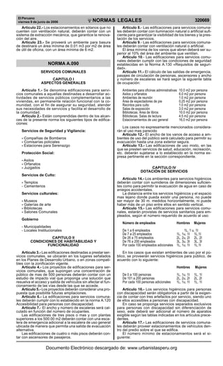 El Peruano
viernes 9 de junio de 2006 320669NORMAS LEGALES
R
EPUBLICA DEL PER
U
Articulo 22.- Los estacionamientos en sótanos que no
cuenten con ventilación natural, deberán contar con un
sistema de extracción mecánica, que garantice la renova-
ción del aire.
Articulo 23.- Se proveerá un ambiente para basura
de destinará un área mínima de 0.01 m3 por m2 de área
de útil de oficina, con un área mínima de 6 m2.
NORMA A.090
SERVICIOS COMUNALES
CAPITULO I
ASPECTOS GENERALES
Artículo 1.- Se denomina edificaciones para servi-
cios comunales a aquellas destinadas a desarrollar ac-
tividades de servicios públicos complementarios a las
viviendas, en permanente relación funcional con la co-
munidad, con el fin de asegurar su seguridad, atender
sus necesidades de servicios y facilita el desarrollo de
la comunidad.
Artículo 2.- Están comprendidas dentro de los alcan-
ces de la presente norma los siguientes tipos de edifica-
ciones:
Servicios de Seguridad y Vigilancia:
- Compañias de Bomberos
- Comisarías policiales
- Estaciones para Serenazgo
Protección Social:
- Asilos
- Orfanatos
- Juzgados
Servicios de Culto:
- Templos
- Cementerios
Servicios culturales:
- Museos
- Galerías de arte
- Bibliotecas
- Salones Comunales
Gobierno
- Municipalidades
- Locales Institucionales
CAPITULO II
CONDICIONES DE HABITABILIDAD Y
FUNCIONALIDAD
Artículo 3.- Las edificaciones destinadas a prestar ser-
vicios comunales, se ubicarán en los lugares señalados
en los Planes de Desarrollo Urbano, o en zonas compati-
bles con la zonificación vigente.
Artículo 4.- Los proyectos de edificaciones para ser-
vicios comunales, que supongan una concentración de
público de mas de 500 personas deberán contar con un
estudio de impacto vial que proponga una solución que
resuelva el acceso y salida de vehículos sin afectar el fun-
cionamiento de las vías desde las que se accede.
Artículo 5.- Los proyectos deberán considerar una pro-
puesta que posibilite futuras ampliaciones.
Artículo 6.- La edificaciones para servicios comuna-
les deberán cumplir con lo establecido en la norma A.120
Accesibilidad para personas con discapacidad.
Artículo 7.- El ancho y número de escaleras será cal-
culado en función del número de ocupantes.
Las edificaciones de tres pisos o mas y con plantas
superiores a los 500.00 m2 deberán contar con una esca-
lera de emergencia adicional a la escalera de uso general
ubicada de manera que permita una salida de evacuación
alternativa.
Las edificaciones de cuatro o más pisos deberán con-
tar con ascensores de pasajeros.
Artículo 8.- Las edificaciones para servicios comuna-
les deberán contar con iluminación natural o artificial sufi-
ciente para garantizar la visibilidad de los bienes y la pres-
tación de los servicios.
Artículo 9.- Las edificaciones para servicios comuna-
les deberán contar con ventilación natural o artificial.
El área mínima de los vanos que abren deberá ser su-
perior al 10% del área del ambiente que ventilan.
Artículo 10.- Las edificaciones para servicios comu-
nales deberán cumplir con las condiciones de seguridad
establecidas en la Norma A.130 «Requisitos de seguri-
dad».
Artículo 11.- El cálculo de las salidas de emergencia,
pasajes de circulación de personas, ascensores y ancho
y número de escaleras se hará según la siguiente tabla
de ocupación:
Ambientes para oficinas administrativas 10.0 m2 por persona
Asilos y orfanatos 6.0 m2 por persona
Ambientes de reunión 1.0 m2 por persona
Área de espectadores de pie 0,25 m2 por persona
Recintos para culto 1.0 m2 por persona
Salas de exposición 3.0 m2 por persona
Bibliotecas. Área de libros 10.0 m2 por persona
Bibliotecas. Salas de lectura 4.5 m2 por persona
Estacionamientos de uso general 16,0 m2 por persona
Los casos no expresamente mencionados considera-
rán el uso mas parecido
Articulo 12.- El ancho de los vanos de acceso a am-
bientes de uso del público será calculado para permitir su
evacuación hasta una zona exterior segura.
Artículo 13.- Las edificaciones de uso mixto, en las
que se presten servicios de salud, educación, recreación,
etc. deberán sujetarse a lo establecido en la norma ex-
presa pertinente en la sección correspondiente.
CAPITULO IV
DOTACIÓN DE SERVICIOS
Artículo 14.- Los ambientes para servicios higiénicos
deberán contar con sumideros de dimensiones suficien-
tes como para permitir la evacuación de agua en caso de
aniegos accidentales.
La distancia entre los servicios higiénicos y el espacio
mas lejano donde pueda existir una persona, no puede
ser mayor de 30 m. medidos horizontalmente, ni puede
haber más de un piso entre ellos en sentido vertical.
Artículo 15.- Las edificaciones para servicios comu-
nales, estarán provistas de servicios sanitarios para em-
pleados, según el número requerido de acuerdo al uso:
Número de empleados Hombres Mujeres
De 1 a 6 empleados 1L, 1 u, 1I
De 7 a 25 empleados 1L, 1u, 1I 1L,1I
De 26 a 75 empleados 2L, 2u, 2I 2L, 2I
De 76 a 200 empleados 3L, 3u, 3I 3L, 3I
Por cada 100 empleados adicionales 1L, 1u, 1I 1L,1I
En los casos que existan ambientes de uso por el pú-
blico, se proveerán servicios higiénicos para público, de
acuerdo con lo siguiente:
Hombres Mujeres
De 0 a 100 personas 1L, 1u, 1I 1L, 1I
De 101 a 200 personas 2L, 2u, 2I 2L, 2I
Por cada 100 personas adicionales 1L, 1u, 1I 1L, 1I
Articulo 16.- Los servicios higiénicos para personas
con discapacidad serán obligatorios a partir de la exigen-
cia de contar con tres artefactos por servicio, siendo uno
de ellos accesibles a personas con discapacidad.
En caso se proponga servicios separados exclusivos
para personas con discapacidad sin diferenciación de
sexo, este deberá ser adicional al número de aparatos
exigible según las tablas indicadas en los artículos prece-
dentes.
Artículo 17.- Las edificaciones de servicios comuna-
les deberán proveer estacionamientos de vehículos den-
tro del predio sobre el que se edifica.
El número mínimo de estacionamientos será el si-
guiente:
Documento Electrónico descargado de: www.urbanistasperu.org
 