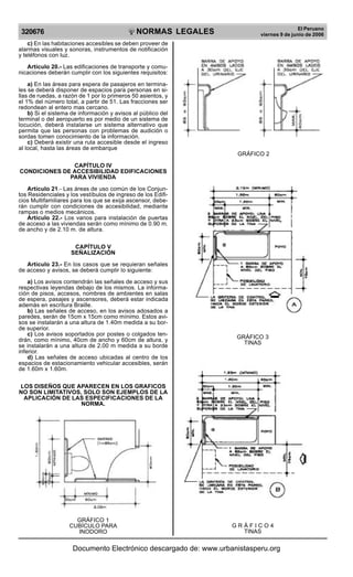 NORMAS LEGALES
R
EPUBLICA DEL PER
U
320676
El Peruano
viernes 9 de junio de 2006
c) En las habitaciones accesibles se deben proveer de
alarmas visuales y sonoras, instrumentos de notificación
y teléfonos con luz.
Artículo 20.- Las edificaciones de transporte y comu-
nicaciones deberán cumplir con los siguientes requisitos:
a) En las áreas para espera de pasajeros en termina-
les se deberá disponer de espacios para personas en si-
llas de ruedas, a razón de 1 por lo primeros 50 asientos, y
el 1% del número total, a partir de 51. Las fracciones ser
redondean al entero mas cercano.
b) Si el sistema de información y avisos al público del
terminal o del aeropuerto es por medio de un sistema de
locución, deberá instalarse un sistema alternativo que
permita que las personas con problemas de audición o
sordas tomen conocimiento de la información.
c) Deberá existir una ruta accesible desde el ingreso
al local, hasta las áreas de embarque
CAPÍTULO IV
CONDICIONES DE ACCESIBILIDAD EDIFICACIONES
PARA VIVIENDA
Artículo 21.- Las áreas de uso común de los Conjun-
tos Residenciales y los vestíbulos de ingreso de los Edifi-
cios Multifamiliares para los que se exija ascensor, debe-
rán cumplir con condiciones de accesibilidad, mediante
rampas o medios mecánicos.
Artículo 22.- Los vanos para instalación de puertas
de acceso a las viviendas serán como mínimo de 0.90 m.
de ancho y de 2.10 m. de altura.
CAPÍTULO V
SEÑALIZACIÓN
Artículo 23.- En los casos que se requieran señales
de acceso y avisos, se deberá cumplir lo siguiente:
a) Los avisos contendrán las señales de acceso y sus
respectivas leyendas debajo de los mismos. La informa-
ción de pisos, accesos, nombres de ambientes en salas
de espera, pasajes y ascensores, deberá estar indicada
además en escritura Braille.
b) Las señales de acceso, en los avisos adosados a
paredes, serán de 15cm x 15cm como mínimo. Estos avi-
sos se instalarán a una altura de 1.40m medida a su bor-
de superior.
c) Los avisos soportados por postes o colgados ten-
drán, como mínimo, 40cm de ancho y 60cm de altura, y
se instalarán a una altura de 2.00 m medida a su borde
inferior.
d) Las señales de acceso ubicadas al centro de los
espacios de estacionamiento vehicular accesibles, serán
de 1.60m x 1.60m.
LOS DISEÑOS QUE APARECEN EN LOS GRAFICOS
NO SON LIMITATIVOS, SOLO SON EJEMPLOS DE LA
APLICACIÓN DE LAS ESPECIFICACIONES DE LA
NORMA.
GRÁFICO 1
CUBÍCULO PARA
INODORO
GRÁFICO 2
GRÁFICO 3
TINAS
G R Á F I C O 4
TINAS
Documento Electrónico descargado de: www.urbanistasperu.org
 