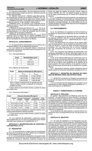 El Peruano
viernes 9 de junio de 2006 320697NORMAS LEGALES
R
EPUBLICA DEL PER
U
4.3. Esfuerzos Admisibles.- Son los esfuerzos de dise-
ño del material para cargas de servicio, definidos para los
grupos estructurales.
4.4. Madera Estructural o Madera para Estructuras.-
Es aquella que cumple con la Norma ITINTEC 251.104,
con características mecánicas aptas para resistir cargas.
4.5Madera Húmeda.- Es aquella cuyo contenido de hu-
medad es superior al del equilibrio higroscópico.
4.6Madera seca.- Es aquella cuyo contenido de hu-
medad es menor o igual que el correspondiente al equili-
brio higroscópico.
4.7Módulo de Elasticidad Mínimo (E mínimo
).- Es el ob-
tenido como el menor valor para las especies del grupo,
correspondiente a un límite de exclusión del 5% (cinco
por ciento) de los ensayos de flexión.
4.8Módulo de Elasticidad Promedio (E Promedio
).- Es el
obtenido como el menor de los valores promedio de la
especies del grupo. Este valor corresponde al promedio
de los resultados de los ensayos de flexión.
ARTICULO 5: AGRUPAMIENTO
5.1. El agrupamiento está basado en los valores de la
densidad básica y de la resistencia mecánica.
5.2. Los valores de la densidad básica, módulos de
elasticidad y esfuerzos admisibles para los grupos A, B y
C serán los siguientes:
5.2.1. Densidad Básica
Grupo Densidad Básica g/cm3
A ≥ 0,71
B 0,56 a 0,70
C 0,40 a 0,55
5.2.2. Módulo de Elasticidad*
Grupo Módulo de Elasticidad (E) MPa (kg/cm2
)
Emínimo
Epromedio
A 9 316 (95 000) 12 748 (130 000)
B 7 355 (75 000) 9 806 (100 000)
C 5 394 (55 000) 8 826 (90 000)
Nota: el módulo de elasticidad (E) es aplicable para ele-
mentos en flexión, tracción o compresión en la dirección
paralela a las fibras.
(*) Estos valores son para madera húmeda, y pueden ser usados
para madera seca.
5.2.3. Esfuerzos Admisibles **
Grupo Esfuerzos Admisibles MPa (kg/cm2
)
Flexion Tracción Compresión Compresión Corte
fm
Paralela Paralela Perpendicular Paralelo
ft
fc
// fc
⊥⊥⊥⊥⊥ fv
A 20,6 (210) 14,2 (145) 14,2 (145) 3,9 (40) 1,5 (15)
B 14,7 (150) 10,3 (105) 10,8 (110) 2,7 (28) 1,2 (12)
C 9,8 (100) 7,3 (75) 7,8 (80) 1,5 (15) 0,8 (8)
Nota: Para los esfuerzos admisibles en compresión deberán consi-
derarse adicionalmente los efectos de pandeo
(**) Estos valores son para madera húmeda, y pueden ser usados
para madera seca.
5.3. Los módulos de elasticidad y esfuerzos admisi-
bles establecidos en 5.2 solo son aplicables para madera
aserrada que cumple con lo establecido en 3.
ARTICULO 6: INCORPORACIÓN DE ESPECIES A
LOS GRUPOS A, B Y C
6.1. REQUISITOS
6.1.1. El procedimiento a seguir para la incorporación
de especies a los grupos A, B y C deberá ser el estableci-
do en el acápite 6.2 de esta Norma.
6.1.2. La incorporación de especies a los grupos esta-
blecidos se hará en función de la densidad básica y de la
resistencia mecánica obtenida mediante ensayos de
flexión de vigas de madera de tamaño natural, según la
norma ITINTEC 251.107. se deberá ensayar un mínimo
de 30 vigas provenientes por lo menos de 5 árboles por
especie.
6.1.3. La identificación de la especie y los ensayos es-
tructurales deberán se efectuados por laboratorios debi-
damente reconocidos, los que emitirán y garantizarán los
resultados correspondientes, de conformidad con los re-
quisitos exigidos por el Instituto Nacional de Investigación
y Normalización – ININVI.
6.2. PROCEDIMIENTO
6.2.2. Se identifican las especies en forma botánica y
se efectúa la descripción anatómica de las muestras de
madera.
6.2.3. Se determina la densidad básica promedio de
las especie (ITINTEC 251.011) y se la compara con los
valores establecidos en 5.2.1, obteniéndose así un agru-
pamiento provisional.
6.2.4. Se determinan los valores de la rigidez (Mó-
dulo de Elasticidad) y de la resistencia (Esfuerzo Admi-
sible por flexión), a partir de vigas a escala natural que
cumplan con los requisitos de la norma ITINTEC
251.104, ensayadas de acuerdo a la norma ITINTEC
251.107.
6.2.5. Se comparan los módulos de elasticidad y los
esfuerzos admisibles en flexión obtenidos según la nor-
ma ITINTEC 251.107 con los valores establecidos en 5.2.2
y 5.2.3.
6.2.6. Si los valores obtenidos son superiores a los va-
lores del grupo provisional obtenido por la densidad, se
clasifica a la especie en dicho grupo, si los valores alcan-
zan los de un grupo más resistente se la clasifica en el
grupo superior. En caso contrario, si los valores no alcan-
zan a los del grupo provisional se la clasifica en el grupo
inferior.
6.2.7. Agrupada la especie, podrán adoptarse para el
diseño todos los esfuerzos admisibles indicados en 5.2.3.
ARTICULO 7: REGISTRO DE GRUPOS DE ESPE-
CIES DE MADERA PARA USO ESTRUCTURAL
7.1. SENCICO mantendrá un Registro actualizado de
los grupos de especies de madera aserrada para uso es-
tructural.
7.2. La incorporación de especies que cumplan con lo
establecido en este capítulo al Registro señalado en 7.1.
será autorizada por el SENCICO.
ANEXO 1: COMENTARIOS A LA NORMA
ARTICULO 8: PROLOGO
El capítulo “Agrupamiento de Maderas para Uso Es-
tructural”, ha sido escrita en forma directa y concisa en
virtud de su carácter reglamentario y no presenta detalles
ni sugerencias para cumplimiento de sus exigencias. Con-
secuentemente los criterios y consideraciones en que se
ha basado el Comité Especializado para su elaboración
no son expuestos; por esta razón dicho Comité ha creído
conveniente presentar estos Comentarios que aclaran di-
chos criterios y que en otros casos los complementan fa-
cilitando su aplicación.
La numeración de cada capítulo y sección de los Co-
mentarios tiene correspondencia con los del primer ca-
pítulo.
ARTICULO 9: OBJETIVO
9.1. Se trata de establecer la normalización que per-
mita la incorporación de las especies maderables de los
bosques peruanos al mercado de madera aserrada para
uso estructural, ofreciendo al usuario un mayor número
de especies utilizables. Los bosques del País son en su
mayoría bosques tropicales con un gran número de espe-
cies, siendo el volumen de madera por especie no tan
abundante, de manera que una utilización racional se lo-
gra al agrupar las especies en función de sus característi-
cas. Se espera así, promocionar nuevas especies con ca-
racterísticas similares o mejores a las actualmente comer-
cializadas, lo que evitaría la extracción selectiva y la posi-
ble extinción de las más conocidas.
Documento Electrónico descargado de: www.urbanistasperu.org
 