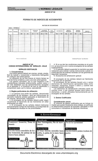 El Peruano
Jueves 8 de junio de 2006 320491NORMAS LEGALES
R
EPUBLICA DEL PERU
ANEXO Nº 05
CODIGO INTERNACIONAL DE SEÑALES - IZAJE
SEÑALES GESTUALES
1. Características
Una señal gestual deberá ser precisa, simple, amplia,
fácil de realizar y comprender y claramente distinguible
de cualquier otra señal gestual.
La utilización de los dos brazos al mismo tiempo se
hará de forma simétrica y para una sola señal gestual.
Los gestos utilizados, por lo que respecta a las
características indicadas anteriormente, podrán variar o
ser más detallados que las representaciones recogidas
en el apartado 3, a condición de que su significado y
comprensión sean, por lo menos, equivalentes
2. Reglas particulares de utilización
1. La persona que emite las señales, denominada
«encargado de las señales», dará las instrucciones de
maniobra mediante señales gestuales al destinatario de
las mismas, denominado «operador».
2. El encargado de las señales deberá poder seguir
visualmente el desarrollo de las maniobras sin estar
amenazado por ellas.
3. El encargado de las señales deberá dedicarse
exclusivamente a dirigir las maniobras y a la seguridad de
los trabajadores situados en las proximidades.
ANEXO Nº 04
4. Si no se dan las condiciones previstas en el punto
2.2. se recurrirá a uno o varios encargados de las señales
suplementarias.
5. El operador deberá suspender la maniobra que esté
realizando para solicitar nuevas instrucciones cuando no
pueda ejecutar las órdenes recibidas con las garantías de
seguridad necesarias.
6. Accesorios de señalización gestual.
El encargado de las señales deberá ser fácilmente
reconocido por el operador.
El encargado de las señales llevará uno o varios
elementos de identificación apropiados tales como
chaqueta, manguitos, brazal o casco y, cuando sea
necesario paletas señalizadas.
Los elementos de identificación indicados serán de
colores vivos, a ser posible iguales para todos los
elementos, y serán utilizados exclusivamente por el
encargado de las señales.
3. Gestos Codificados
Consideración previa
El conjunto de gestos codificados que se incluye no
impide que puedan emplearse otros códigos, en particular
en determinados sectores de actividad, aplicables a nivel
comunitario e indicadores de idénticas maniobras.
Documento Electrónico descargado de: www.urbanistasperu.org
 