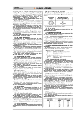 El Peruano 
NORMAS LEGALES 425 Martes 23 de mayo de 2006 
separación podrá ser realizada mediante barras o bandas 
metálicas. En caso de que la distancia del borde del techo 
a la cabina y todos los órganos móviles pertenecientes a 
los ascensores contiguos sea superior a 40 cm, se colo-cará 
un enrejado ligero a una altura de separación que 
puede limitarse a 2 m a partir del fondo del foso. 
En la parte inferior del pozo debe preverse un foso pro-tegido 
de infiltraciones de agua. 
En caso de ser utilizado el acceso más bajo del pozo 
para descender al foso, su puerta estará dotada del opor-tuno 
enclavamiento que impida su cierre si la cabina no 
se encuentra frente a ella. 
A falta de otras puertas de acceso o inspección, cuan-do 
la profundidad del foso sobrepase 1,30 m, debe pre-verse 
un dispositivo fuera del arco para permitir al perso-nal 
encargado de la conservación un descenso sin riesgo 
al fondo del foso. 
Dentro del pozo no se deben albergar tubos, conduc-ciones 
eléctricas, ni cualquier elemento extraño al servi-cio 
del ascensor. 
El pozo debe estar preparado para obtener una ilumi-nación 
artificial, mínima de 20 lux. 
1.2. Del cuarto de máquinas 
Deben situarse en ambientes especiales, de prefe-rencia 
encima del pozo y con acceso sólo a personal 
autorizado. 
Deberán contar con adecuada ventilación, puerta de 
acceso y puerta trampa de servicio en el piso. 
La temperatura del cuarto de máquinas debe ser man-tenida 
entre 5 ºC y 40 ºC 
La construcción debe ser capaz de soportar los esfuer-zos 
de los equipos. Los techos deberán ser impermeables. 
El equipo debe tener una cimentación que evite la trans-misión 
de vibraciones. 
Las dimensiones serán dadas por los fabricantes del 
equipo. La altura mínima debe ser 2,00 m. 
No se debe instalar tanques de gas licuado de petró-leo 
sobre el techo de los cuartos de máquina. 
1.3. De las puertas de acceso 
Las puertas de acceso al pozo, no deben poder abrir-se 
cuando el ascensor esté funcionado, salvo cuando lle-gue 
al piso. 
El ascensor no debe poder funcionar cuando esté abier-ta 
una puerta, salvo en caso de mantenimiento. 
Las dimensiones mínimas de las puertas de piso son 
0,80 m de ancho x 2,00 m de alto. 
Las puertas de los ascensores de pasajeros deberán 
ser del tipo automático. 
Las puertas batientes solo podrán ser usadas en mon-tacargas 
al igual que las puertas de reja. 
1.4. De las cabinas 
Dispondrá de dispositivos tal, que en caso de que la 
puerta se esté cerrando y encuentre algún obstáculo, haga 
que inmediatamente se abra. 
En el interior llevarán interruptor de alarma que al ser 
accionado anuncie en forma acústica, condiciones anor-males 
en el ascensor. Estas señales se producirán en lu-gares 
transitados del edificio. 
En el techo de las cabinas llevarán una puerta de so-corro. 
La cabina debe estar suficientemente ventilada. 
Es obligatorio el uso de puertas automáticas en cabi-nas 
para los ascensores de pasajeros. 
1.5. De los cables 
Las cabinas y los contrapesos se soportarán por me-dio 
de cables de acero cuya resistencia mínima en tone-ladas 
por sección, sea 18 t/cm2. No se usará cables em-palmados. 
1.6. De la detención de la cabina 
Las cabinas estarán provistas de mecanismos capa-ces 
de detener su caída, actuando sobre sus guías. 
Estos dispositivos actuarán por limitador de velocidad, 
de procedimiento amortiguado, de tal manera que evite a 
los pasajeros sacudidas peligrosas. 
En caso que actúen los dispositivos de detención, un 
mecanismo hará que corte la corriente al motor y del freno. 
1.7. De los contrapesos 
Las pesas de estos deberán estar adecuadamente 
arriostradas para prevenir su desprendimiento en caso de 
sismos. 
1.8. De los limitadores de velocidad 
El limitador de velocidad deberá actuar cuando se al-cance 
los valores máximos que figuren en el cuadro si-guiente: 
VELOCIDAD INCREMENTO DE LA 
NOMINAL VELOCIDAD NOMINAL (*) 
( m/s ) % 
V < 0.50 50 
0.50 < V < 1.00 40 
1.00 < V < 5.00 15 + 0.25 m/s. 
V > 5.00 20 
(*) valores según Norma MERCOSUR NM207 
1.9. De las guías 
Las guías de la cabina y del contrapeso serán de per-files 
metálicos y rígidos. 
1.10. De los amortiguadores 
Los ascensores deberán llevar en la extremidad infe-rior 
(foso), del recorrido de la cabina: 
- Uno o varios amortiguadores elásticos o de resorte, 
para velocidades menores a 1,60 m/s. 
- Uno o varios amortiguadores de resorte para veloci-dades 
menores a 1,50 m/s. 
- Uno o varios amortiguadores hidráulicos, se pueden 
aplicar para cualquier velocidad y son de uso obligatorio 
para velocidades mayores de 1,6 m/s 
1.11. De los desplazamientos (carrera) de los amor-tiguadores 
El desplazamiento o carrera de los amortiguadores, 
medida en metros ha de ser como mínimo igual a: 
- Amortiguadores elásticos / resorte: 
Carrera = 0,135 V2 ó 65 mm como mínimo. 
V = Velocidad en m/s . 
- Amortiguadores hidráulicos: 
Carrera = 0,0674 V2 ó 420 mm como mínimo. 
V = Velocidad en m/s . 
1.12. El accionamiento de emergencia 
En Hospitales y clínicas, los ascensores contarán con 
un dispositivo de marcha que permita, en caso de fallas 
del sistema eléctrico, llevar la cabina con su carga a una 
de las paradas más próximas. 
En el mecanismo motriz ha de estar señalado clara-mente 
el sentido del giro para el ascenso o descenso. 
Se prohíbe el uso de manivelas o volantes para el ac-cionamiento 
manual. 
En el caso de uso de corriente de emergencia (corte 
de suministro de nergía) el sistema debe ser conectado 
en forma manual y en ningún caso en forma automática 
1.13. De las instalaciones eléctricas 
Deberán cumplir con los requerimientos del Código Na-cional 
de Electricidad. 
Tendrán protección contra sobrecargas y cortocircuitos. 
En la casa de máquinas, en un lugar fácilmente acce-sible 
y de buena visibilidad, se colocará un dispositivo que 
permita la apertura o cierre de la corriente del círculo del 
motor simultáneamente en todas sus fases. Tendrá inde-pendencia 
del alumbrado y de la alarma. 
Los interruptores de fuerza ubicadas dentro del cuarto 
de máquinas deben ser termo magnéticas y contenidas 
dentro de un gabinete con cerradura segura 
Se deberá prever un pozo de puesta a tierra indepen-diente 
para el ascensor con una resistencia máxima de 
10 ohmios. 
1.14. Capacidades 
La capacidad de carga de la cabina, debe considerar 
el valor de 75 kg / persona. 
Con relación a las dimensiones de la cabina se aplica-rá 
el siguiente cuadro: 
NUMERO DE AREA DE LA CABINA (m2) 
PASAJEROS Máximo Mínimo 
6 1,30 1,15 
7 1,40 1,30 
8 1,56 1.40 
9 1,75 1,56 
10 1,82 1,75 
 