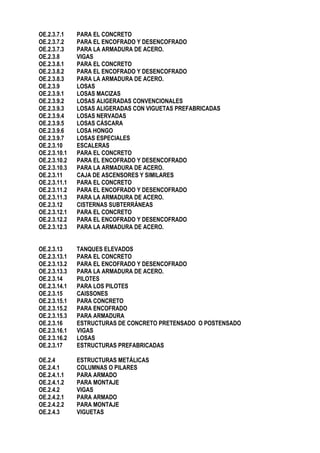 OE.2.3.7.1 PARA EL CONCRETO
OE.2.3.7.2 PARA EL ENCOFRADO Y DESENCOFRADO
OE.2.3.7.3 PARA LA ARMADURA DE ACERO.
OE.2.3.8 VIGAS
OE.2.3.8.1 PARA EL CONCRETO
OE.2.3.8.2 PARA EL ENCOFRADO Y DESENCOFRADO
OE.2.3.8.3 PARA LA ARMADURA DE ACERO.
OE.2.3.9 LOSAS
OE.2.3.9.1 LOSAS MACIZAS
OE.2.3.9.2 LOSAS ALIGERADAS CONVENCIONALES
OE.2.3.9.3 LOSAS ALIGERADAS CON VIGUETAS PREFABRICADAS
OE.2.3.9.4 LOSAS NERVADAS
OE.2.3.9.5 LOSAS CÁSCARA
OE.2.3.9.6 LOSA HONGO
OE.2.3.9.7 LOSAS ESPECIALES
OE.2.3.10 ESCALERAS
OE.2.3.10.1 PARA EL CONCRETO
OE.2.3.10.2 PARA EL ENCOFRADO Y DESENCOFRADO
OE.2.3.10.3 PARA LA ARMADURA DE ACERO.
OE.2.3.11 CAJA DE ASCENSORES Y SIMILARES
OE.2.3.11.1 PARA EL CONCRETO
OE.2.3.11.2 PARA EL ENCOFRADO Y DESENCOFRADO
OE.2.3.11.3 PARA LA ARMADURA DE ACERO.
OE.2.3.12 CISTERNAS SUBTERRÁNEAS
OE.2.3.12.1 PARA EL CONCRETO
OE.2.3.12.2 PARA EL ENCOFRADO Y DESENCOFRADO
OE.2.3.12.3 PARA LA ARMADURA DE ACERO.
OE.2.3.13 TANQUES ELEVADOS
OE.2.3.13.1 PARA EL CONCRETO
OE.2.3.13.2 PARA EL ENCOFRADO Y DESENCOFRADO
OE.2.3.13.3 PARA LA ARMADURA DE ACERO.
OE.2.3.14 PILOTES
OE.2.3.14.1 PARA LOS PILOTES
OE.2.3.15 CAISSONES
OE.2.3.15.1 PARA CONCRETO
OE.2.3.15.2 PARA ENCOFRADO
OE.2.3.15.3 PARA ARMADURA
OE.2.3.16 ESTRUCTURAS DE CONCRETO PRETENSADO O POSTENSADO
OE.2.3.16.1 VIGAS
OE.2.3.16.2 LOSAS
OE.2.3.17 ESTRUCTURAS PREFABRICADAS
OE.2.4 ESTRUCTURAS METÁLICAS
OE.2.4.1 COLUMNAS O PILARES
OE.2.4.1.1 PARA ARMADO
OE.2.4.1.2 PARA MONTAJE
OE.2.4.2 VIGAS
OE.2.4.2.1 PARA ARMADO
OE.2.4.2.2 PARA MONTAJE
OE.2.4.3 VIGUETAS
 