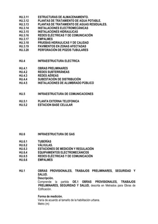 HU.3.11 ESTRUCTURAS DE ALMACENAMIENTO.
HU.3.12 PLANTAS DE TRATAMIENTO DE AGUA POTABLE.
HU.3.13 PLANTAS DE TRATAMIENTO DE AGUAS RESIDUALES.
HU.3.14 INSTALACIONES ELECTROMECÁNICAS
HU.3.15 INSTALACIONES HIDRAULICAS
HU.3.16 REDES ELÉCTRICAS Y DE COMUNICACIÓN
HU.3.17 EMPALMES
HU.3.18 PRUEBAS HIDRAULICAS Y DE CALIDAD
HU.3.19 PAVIMENTOS EN ZONAS AFECTADAS
HU.3.20 PERFORACIÓN DE POZOS TUBULARES
HU.4 INFRAESTRUCTURA ELECTRICA
HU.4.1 OBRAS PRELIMINARES
HU.4.2 REDES SUBTERRÁNEAS
HU.4.3 REDES AÉREAS
HU.4.4 SUBESTACIÓN DE DISTRIBUCIÓN
HU.4.5 INSTALACIONES DE ALUMBRADO PÚBLICO
HU.5 INFRAESTRUCTURA DE COMUNICACIONES
HU.5.1 PLANTA EXTERNA TELEFONICA
HU.5.2 ESTACION BASE CELULAR
HU.6 INFRAESTRUCTURA DE GAS
HU.6.1 TUBERÍAS
HU.6.2 VÁLVULAS.
HU.6.3 ESTACIONES DE MEDICIÓN Y REGULACIÓN
HU.6.4 EQUIPAMIENTOS ELECTROMECÁNICOS
HU.6.5 REDES ELÉCTRICAS Y DE COMUNICACIÓN
HU.6.6 EMPALMES
HU.1 OBRAS PROVISIONALES, TRABAJOS PRELIMINARES, SEGURIDAD Y
SALUD.
Descripción.
Comprende la partida OE.1 OBRAS PROVISIONALES, TRABAJOS
PRELIMINARES, SEGURIDAD Y SALUD, descrita en Metrados para Obras de
Edificación.
Forma de medición.
Varía de acuerdo al tamaño de la habilitación urbana.
Metro (m)
 