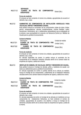 SEPARADO
HU.3.7.1.2 CUANDO SE TRATA DE COMPONENTES
AGRUPADOS
Global (Glb.)
Forma de medición
El cómputo se hará contando el número de unidades, agrupándolas de acuerdo al
diámetro, tipo y clase.
HU.3.7.2 SUMINISTRO DE COMPONENTES DE INSTALACIÓN HIDRÁULICA PARA
VÁLVULAS, GRIFOS Y MEDIDORES CAUDAL
Esta partida involucra el suministro de los componentes (niples de tubos, bridas,
pernos, empaquetaduras, válvulas complementarias, uniones flexibles, codos,
transiciones, manómetros, etc.) y aditamentos (abrazaderas) que se albergarán en
la cámara y que acompañarán en conjunto a la Válvula de Control y/o Medidor de
Caudal para su perfecto funcionamiento.
Unidad de Medida
Descripción Unidad de medida
HU.3.7.2.1 CUANDO SE TRATA DE COMPONENTES POR
SEPARADO
Unidad (Und.),
HU.3.7.2.2 CUANDO SE TRATA DE COMPONENTES
AGRUPADOS
Global (Glb.)
Forma de medición
El cómputo se hará contando el número de unidades, agrupándolas de acuerdo al
diámetro, tipo y clase.
En válvulas especiales de control, la partida incluye el suministro de los
componentes de la instalación hidráulica ubicados dentro de la cámara hasta los
empalmes de ingreso y salida de la misma.
HU.3.7.3 MONTAJE EN CÁMARA, DE VÁLVULAS, GRIFOS Y MEDIDORES DE CAUDAL.
Esta partida involucra el montaje de válvulas, grifos y medidores de caudal, con
todos sus aditamentos para su perfecto funcionamiento.
En válvulas especiales de control, la partida además de la válvula y/o medidor,
incluye el montaje de los componentes y aditamentos de la Instalación Hidráulica
ubicadas dentro de la cámara hasta los empalmes de ingreso y salida de la misma.
Unidad de Medida
Descripción Unidad de medida
HU.3.7.3.1 CUANDO SE TRATA DE COMPONENTES POR
SEPARADO
Unidad (Und.),
HU.3.7.3.2 CUANDO SE TRATA DE COMPONENTES
AGRUPADOS
Global (Glb.)
Forma de medición
El cómputo se hará contando el número de unidades, agrupándolas de acuerdo al
diámetro, tipo y clase.
En válvulas especiales de control, el montaje de las válvulas y/o medidores con sus
componentes de instalaciones hidráulicas, se hará contando el número de
unidades, agrupándolas de acuerdo a los diseños e incluye el montaje de los
elementos ubicados dentro de la cámara hasta los empalmes de ingreso y salida de
la misma.
 