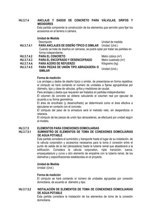 HU.3.7.4 ANCLAJE Y DADOS DE CONCRETO PARA VÁLVULAS, GRIFOS Y
MEDIDORES
Esta partida comprende la construcción de los elementos que servirán para fijar los
accesorios en el terreno ó cámara.
Unidad de Medida
Descripción Unidad de medida
HU.3.7.4.1 PARA ANCLAJES DE DISEÑO TÍPICO O SIMILAR Unidad (Und.)
Cuando se trate de diseños en cámaras, se podrá optar por tratar las partidas en
forma independiente:
HU.3.7.4.2 PARA EL CONCRETO Metro cúbico (m3)
HU.3.7.4.3 PARA EL ENCOFRADO Y DESENCOFRADO Metro cuadrado (m2)
HU.3.7.4.4. PARA ACERO DE REFUERZO Kilogramo (kg)
HU.3.7.4.5 PARA PIEZAS DE UNIÓN TIPO ABRAZADERA O
SIMILAR
Unidad (Und.)
Forma de medición
Los anclajes y dados de diseño típico o similar, de presentarse en forma repetitiva,
el cómputo se hará contando el número de unidades a fijarse agrupándose por
diámetro, tipo y clase de válvulas, grifos y medidores de caudal.
Para anclajes y dados que requieren ser tratados en partidas independientes:
El volumen de concreto se obtiene calculando el volumen real por ejecutar de
acuerdo a su forma geométrica.
El área de encofrado (y desencofrado) se determinará como el área efectiva a
ejecutarse en contacto con el concreto.
El cómputo del peso de la armadura será el metrado neto, sin desperdicios ni
retaceos.
El cómputo de las piezas de unión tipo abrazaderas, se efectuará por unidad según
el modelo.
HU.3.7.5 ELEMENTOS PARA CONEXIONES DOMICILIARIAS
HU.3.7.5.1 SUMINISTRO DE ELEMENTOS DE TOMA DE CONEXIONES DOMICILIARIAS
DE AGUA POTABLE
Esta partida considera el suministro y transporte hasta el lugar de su instalación, de
la válvula corporation y accesorios necesarios para la toma ó conexión entre el
punto de salida de la red (abrazadera) hasta la tubería ramal que abastecerá a la
edificación. Considera la válvula corporation, niple transición, tuerca,
empaquetadura y curva u otro elemento de empalme con la tubería ramal, de los
diámetros y especificaciones establecidas en el proyecto.
Unidad de Medida
Unidad (Und.)
Forma de medición
El cómputo se hará contando el número de unidades agrupadas por conexión
domiciliaria, de acuerdo al diámetro y tipo.
HU.3.7.5.2 INSTALACIÓN DE ELEMENTOS DE TOMA DE CONEXIONES DOMICILIARIAS
DE AGUA POTABLE
Esta partida considera la instalación de los elementos de toma de la conexión
domiciliaria.
 