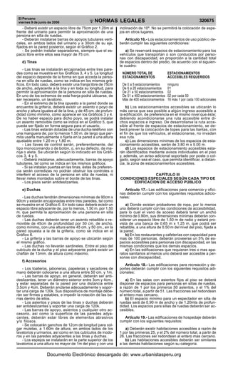 El Peruano
viernes 9 de junio de 2006 320675NORMAS LEGALES
R
EPUBLICA DEL PER
U
- Deberá existir un espacio libre de 75cm por 1.20m al
frente del urinario para permitir la aproximación de una
persona en silla de ruedas.
- Deberán instalarse barras de apoyos tubulares verti-
cales, en ambos lados del urinario y a 30cm de su eje,
fijados en la pared posterior, según el Gráfico 2.
- Se podrán instalar separadores, siempre que el es-
pacio libre entre ellos sea mayor de 75 cm.
d) Tinas
- Las tinas se instalarán encajonadas entre tres pare-
des como se muestra en los Gráficos 3, 4 y 5. La longitud
del espacio depende de la forma en que acceda la perso-
na en silla de ruedas, como se indica en los mismos grá-
ficos. En todo caso, deberá existir una franja libre de 75cm
de ancho, adyacente a la tina y en toda su longitud, para
permitir la aproximación de la persona en silla de ruedas.
En uno de los extremos de esta franja podrá ubicarse, de
ser necesario, un lavatorio.
- En el extremo de la tina opuesto a la pared donde se
encuentre la grifería, deberá existir un asiento o poyo de
ancho y altura iguales al de la tina, y de 45 cm. de profun-
didad como mínimo, como aparece en los Gráficos 3 y 4.
De no haber espacio para dicho poyo, se podrá instalar
un asiento removible como se indica en el Gráfico 5, que
pueda ser fijado en forma segura para el usuario.
- Las tinas estarán dotadas de una ducha-teléfono con
una manguera de, por lo menos 1.50 m. de largo que per-
mita usarla manualmente o fijarla en la pared a una altura
ajustable entre 1.20 m y 1.80 m.
- Las llaves de control serán, preferentemente, del
tipo monocomando o de botón, o, en su defecto, de ma-
nija o aleta. Se ubicarán según lo indicado en los Gráfi-
cos 3, 4 y 5.
- Deberá instalarse, adecuadamente, barras de apoyo
tubulares, tal como se indica en los mismos gráficos.
- Si se instalan puertas en las tinas, éstas de preferen-
cia serán corredizas no podrán obstruir los controles o
interferir el acceso de la persona en silla de ruedas, ni
llevar rieles montados sobre el borde de las tinas.
- Los pisos serán antideslizantes.
e) Duchas
- Las duchas tendrán dimensiones mínimas de 90cm x
90cm y estarán encajonadas entre tres paredes, tal como
se muestra en el Gráfico 6. En todo caso deberá existir un
espacio libre adyacente de, por lo menos, 1.50 m. por 1.50
m. que permita la aproximación de una persona en silla
de ruedas.
- Las duchas deberán tener un asiento rebatible o re-
movible de 45cm de profundidad por 50 cm. de ancho,
como mínimo, con una altura entre 45 cm. y 50 cm., en la
pared opuesta a la de la grifería, como se indica en el
Gráfico 6.
- La grifería y las barras de apoyo se ubicarán según
el mismo gráfico.
- Las duchas no llevarán sardineles. Entre el piso del
cubículo de la ducha y el piso adyacente podrá existir un
chaflán de 13mm. de altura como máximo.
f) Accesorios
- Los toalleros, jaboneras, papeleras y secadores de
mano deberán colocarse a una altura entre 50 cm. y 1m.
- Las barras de apoyo, en general, deberán ser anti-
deslizantes, tener un diámetro exterior entre 3cm y 4cm.,
y estar separadas de la pared por una distancia entre
3.5cm y 4cm. Deberán anclarse adecuadamente y sopor-
tar una carga de 120k. Sus dispositivos de montaje debe-
rán ser firmes y estables, e impedir la rotación de las ba-
rras dentro de ellos.
- Los asientos y pisos de las tinas y duchas deberán
ser antideslizantes y soportar una carga de 120k.
- Las barras de apoyo, asientos y cualquier otro ac-
cesorio, así como la superficie de las paredes adya-
centes, deberán estar libres de elementos abrasivos y/
o filosos.
- Se colocarán ganchos de 12cm de longitud para col-
gar muletas, a 1.60m de altura, en ambos lados de los
lavatorios y urinarios, así como en los cubículos de inodo-
ros y en las paredes adyacentes a las tinas y duchas.
- Los espejos se instalarán en la parte superior de los
lavatorios a una altura no mayor de 1m del piso y con una
inclinación de 10º. No se permitirá la colocación de espe-
jos en otros lugares.
Artículo 16.- Los estacionamientos de uso público de-
berán cumplir las siguientes condiciones:
a) Se reservará espacios de estacionamiento para los
vehículos que transportan o son conducidos por perso-
nas con discapacidad, en proporción a la cantidad total
de espacios dentro del predio, de acuerdo con el siguien-
te cuadro:
NÚMERO TOTAL DE ESTACIONAMIENTOS
ESTACIONAMIENTOS ACCESIBLES REQUERIDOS
De 0 a 5 estacionamientos ninguno
De 6 a 20 estacionamientos 01
De 21 a 50 estacionamientos 02
De 51 a 400 estacionamientos 02 por cada 50
Más de 400 estacionamientos 16 más 1 por cada 100 adicionales
b) Los estacionamientos accesibles se ubicarán lo
más cerca que sea posible a algún ingreso accesible a
la edificación, de preferencia en el mismo nivel que éste;
debiendo acondicionarse una ruta accesible entre di-
chos espacios e ingreso. De desarrollarse la ruta acce-
sible al frente de espacios de estacionamiento, se de-
berá prever la colocación de topes para las llantas, con
el fin de que los vehículos, al estacionarse, no invadan
esa ruta.
c) Las dimensiones mínimas de los espacios de esta-
cionamiento accesibles, serán de 3.80 m x 5.00 m.
d) Los espacios de estacionamiento accesibles esta-
rán identificados mediante avisos individuales en el piso
y, además, un aviso adicional soportado por poste o col-
gado, según sea el caso, que permita identificar, a distan-
cia, la zona de estacionamientos accesibles.
CAPÍTULO III
CONDICIONES ESPECIALES SEGÚN CADA TIPO DE
EDIFICACION DE ACCESO PÚBLICO
Artículo 17.- Las edificaciones para comercio y ofici-
nas deberán cumplir con los siguientes requisitos adicio-
nales:
a) Donde existan probadores de ropa, por lo menos
uno deberá cumplir con las condiciones de accesibilidad,
para lo cual el vano de acceso deberá tener un ancho
mínimo de 0.90m, sus dimensiones mínimas deberán con-
siderar un espacio libre de 1.50 m de radio y estará pro-
vista de una banca de 0.65 m x 1.25 m, que podrá ser
rebatible, a una altura de 0.50 m del nivel del piso, fijada a
la pared.
b) En los restaurantes y cafeterías con capacidad para
mas de 100 personas, deberán proveerse un 5% de es-
pacios accesibles para personas con discapacidad, en las
mismas condiciones que los demás espacios.
c) En las edificaciones que requieran tres o mas apa-
ratos sanitarios al menos uno deberá ser accesible a per-
sonas con discapacidad.
Artículo 18.- Las edificaciones para recreación y de-
portes deberán cumplir con los siguientes requisitos adi-
cionales:
a) En las salas con asientos fijos al piso se deberá
disponer de espacios para personas en sillas de ruedas,
a razón de 1 por los primeros 50 asientos, y el 1% del
número total, a partir de 51. Las fracciones ser redondean
al entero mas cercano.
b) El espacio mínimo para un espectador en silla de
ruedas será de 0.90 m de ancho y de 1.20mts de profun-
didad. Los espacios para sillas de ruedas deberán ser ac-
cesibles.
Artículo 19.- Las edificaciones de hospedaje deberán
cumplir con los siguientes requisitos:
a) Deberán existir habitaciones accesibles a razón de
1 por las primeras 25, y el 2% del número total, a partir de
26. Las fracciones ser redondean al entero mas cercano.
b) Las habitaciones accesibles deberán ser similares
a las demás habitaciones según su categoría.
centes, deberán estar libres de elementos abrasivos
y/o filosos.
Documento Electrónico descargado de: www.urbanistasperu.org
 