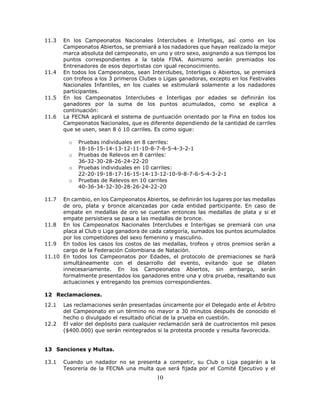 10
11.3 En los Campeonatos Nacionales Interclubes e Interligas, así como en los
Campeonatos Abiertos, se premiará a los nadadores que hayan realizado la mejor
marca absoluta del campeonato, en uno y otro sexo, asignando a sus tiempos los
puntos correspondientes a la tabla FINA. Asimismo serán premiados los
Entrenadores de esos deportistas con igual reconocimiento.
11.4 En todos los Campeonatos, sean Interclubes, Interligas o Abiertos, se premiará
con trofeos a los 3 primeros Clubes o Ligas ganadoras, excepto en los Festivales
Nacionales Infantiles, en los cuales se estimulará solamente a los nadadores
participantes.
11.5 En los Campeonatos Interclubes e Interligas por edades se definirán los
ganadores por la suma de los puntos acumulados, como se explica a
continuación:
11.6 La FECNA aplicará el sistema de puntuación orientado por la Fina en todos los
Campeonatos Nacionales, que es diferente dependiendo de la cantidad de carriles
que se usen, sean 8 ó 10 carriles. Es como sigue:
o Pruebas individuales en 8 carriles:
18-16-15-14-13-12-11-10-8-7-6-5-4-3-2-1
o Pruebas de Relevos en 8 carriles:
36-32-30-28-26-24-22-20
o Pruebas individuales en 10 carriles:
22-20-19-18-17-16-15-14-13-12-10-9-8-7-6-5-4-3-2-1
o Pruebas de Relevos en 10 carriles
40-36-34-32-30-28-26-24-22-20
11.7 En cambio, en los Campeonatos Abiertos, se definirán los lugares por las medallas
de oro, plata y bronce alcanzadas por cada entidad participante. En caso de
empate en medallas de oro se cuentan entonces las medallas de plata y si el
empate persistiera se pasa a las medallas de bronce.
11.8 En los Campeonatos Nacionales Interclubes e Interligas se premiará con una
placa al Club o Liga ganadora de cada categoría, sumados los puntos acumulados
por los competidores del sexo femenino y masculino.
11.9 En todos los casos los costos de las medallas, trofeos y otros premios serán a
cargo de la Federación Colombiana de Natación.
11.10 En todos los Campeonatos por Edades, el protocolo de premiaciones se hará
simultáneamente con el desarrollo del evento, evitando que se dilaten
innecesariamente. En los Campeonatos Abiertos, sin embargo, serán
formalmente presentados los ganadores entre una y otra prueba, resaltando sus
actuaciones y entregando los premios correspondientes.
12 Reclamaciones.
12.1 Las reclamaciones serán presentadas únicamente por el Delegado ante el Árbitro
del Campeonato en un término no mayor a 30 minutos después de conocido el
hecho o divulgado el resultado oficial de la prueba en cuestión.
12.2 El valor del depósito para cualquier reclamación será de cuatrocientos mil pesos
($400.000) que serán reintegrados si la protesta procede y resulta favorecida.
13 Sanciones y Multas.
13.1 Cuando un nadador no se presenta a competir, su Club o Liga pagarán a la
Tesorería de la FECNA una multa que será fijada por el Comité Ejecutivo y el
 