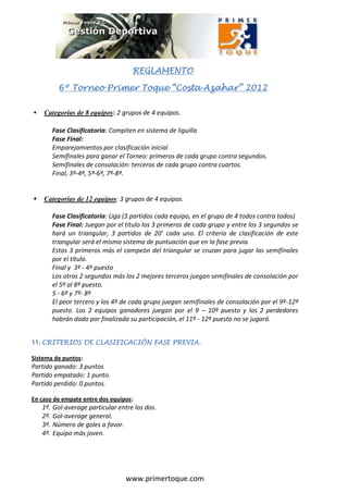 REGLAMENTO

                                      REGLAMENTO

            6º Torneo Primer Toque “Costa Azahar” 2012

   Categorías de 8 equipos: 2 grupos de 4 equipos.

          Fase Clasificatoria: Compiten en sistema de liguilla
          Fase Final:
          Emparejamientos por clasificación inicial
          Semifinales para ganar el Torneo: primeros de cada grupo contra segundos.
          Semifinales de consolación: terceros de cada grupo contra cuartos.
          Final, 3º-4º, 5º-6º, 7º-8º.


   Categorías de 12 equipos: 3 grupos de 4 equipos.

          Fase Clasificatoria: Liga (3 partidos cada equipo, en el grupo de 4 todos contra todos)
          Fase Final: Juegan por el título los 3 primeros de cada grupo y entre los 3 segundos se
          hará un triangular, 3 partidos de 20’ cada uno. El criterio de clasificación de este
          triangular será el mismo sistema de puntuación que en la fase previa.
          Estos 3 primeros más el campeón del triangular se cruzan para jugar las semifinales
          por el título.
          Final y 3º - 4º puesto
          Los otros 2 segundos más los 2 mejores terceros juegan semifinales de consolación por
          el 5º al 8º puesto.
          5 - 6º y 7º- 8º
          El peor tercero y los 4º de cada grupo juegan semifinales de consolación por el 9º-12º
          puesto. Los 2 equipos ganadores juegan por el 9 – 10º puesto y los 2 perdedores
          habrán dado por finalizada su participación, el 11º - 12º puesto no se jugará.


11. CRITERIOS DE CLASIFICACIÓN FASE PREVIA.

Sistema de puntos:
Partido ganado: 3 puntos
Partido empatado: 1 punto.
Partido perdido: 0 puntos.

En caso de empate entre dos equipos:
    1º.   Gol-average particular entre los dos.
    2º.   Gol-average general.
    3º.   Número de goles a favor.
    4º.   Equipo más joven.




                                    www.primertoque.com
 