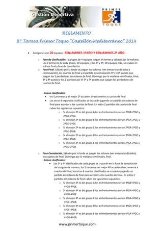 REGLAMENTO
REGLAMENTO
8º Torneo Primer Toque “Castellón Mediterráneo” 2014
www.primertoque.com
 Categorías con 20 equipos: BENJAMINES 1ºAÑO Y BENJAMINES 2º AÑO.
o Fase de clasificación: 5 grupos de 4 equipos juegan el viernes y sábado por la mañana.
Los 2 primeros de cada grupo, 10 equipos, y los 3º y 4º, 10 equipos más, se cruzan en
la Fase final y fase de consolación
o Fase Final: Sábado por la tarde se juegan los octavos (ver anecxo clasificados a
continuación), los cuartos de final y el partido de consolación 9º y 10º puesto que
juegan los 2 perdedores de octavos de final. Domingo por la mañana semifinales, final,
3º y 4º puesto y los 2 partidos por el 5º y 7º puesto que juegan los perdedores de
cuartos de final.
Anexo clasificados:
 los 5 primeros y el mejor 2º acceden directamente a cuartos de final.
 Los otros 4 segundos clasificados se cruzarán jugando un partido de octavos de
final para acceder a los cuartos de final. En estos 2 partidos de cuartos de final
caben los siguientes supuestos:
o Si el mejor 2º es del grupo A los enfrentamientos serían 2ºGB-2ºGC y
2ºGD-2ºGE.
o Si el mejor 2º es del grupo B los enfrentamientos serían 2ºGA-2ºGC y
2ºGD-2ºGE.
o Si el mejor 2º es del grupo C los enfrentamientos serían 2ºGA-2ºGD y
2ºGE-2ºGB.
o Si el mejor 2º es del grupo D los enfrentamientos serían 2ºGA-2ºGC y
2ºGE-2ºGB.
o Si el mejor 2º es del grupo E los enfrentamientos serían 2ºGA-2ºGC y
2ºGD-2ºGB.
o Fase Consolación, Sábado por la tarde se juegan los octavos (ver anexo clasificados),
los cuartos de final. Domingo por la mañana semifinales, final.
Anexo clasificados:
 Los 3º y 4º clasificados de cada grupo se cruzarán en la Fase de consolación
de la siguiente manera; los 5 terceros y el mejor 4º acceden directamente a
cuartos de final, los otros 4 cuartos clasificados se cruzarán jugando un
partido de octavos de final para acceder a los cuartos de final. En estos 2
partidos de octavos de final caben los siguientes supuestos:
o Si el mejor 4º es del grupo A los enfrentamientos serían 4ºGB-4ºGC y
4ºGD-4ºGE.
o Si el mejor 4º es del grupo B los enfrentamientos serían 4ºGA-4ºGC y
4ºGD-4ºGE.
o Si el mejor 4º es del grupo C los enfrentamientos serían 4ºGA-4ºGD y
4ºGE-4ºGB.
o Si el mejor 4º es del grupo D los enfrentamientos serían 4ºGA-4ºGC y
4ºGE-4ºGB.
o Si el mejor 4º es del grupo E los enfrentamientos serían 4ºGA-4ºGC y
4ºGD-4ºGB.
 